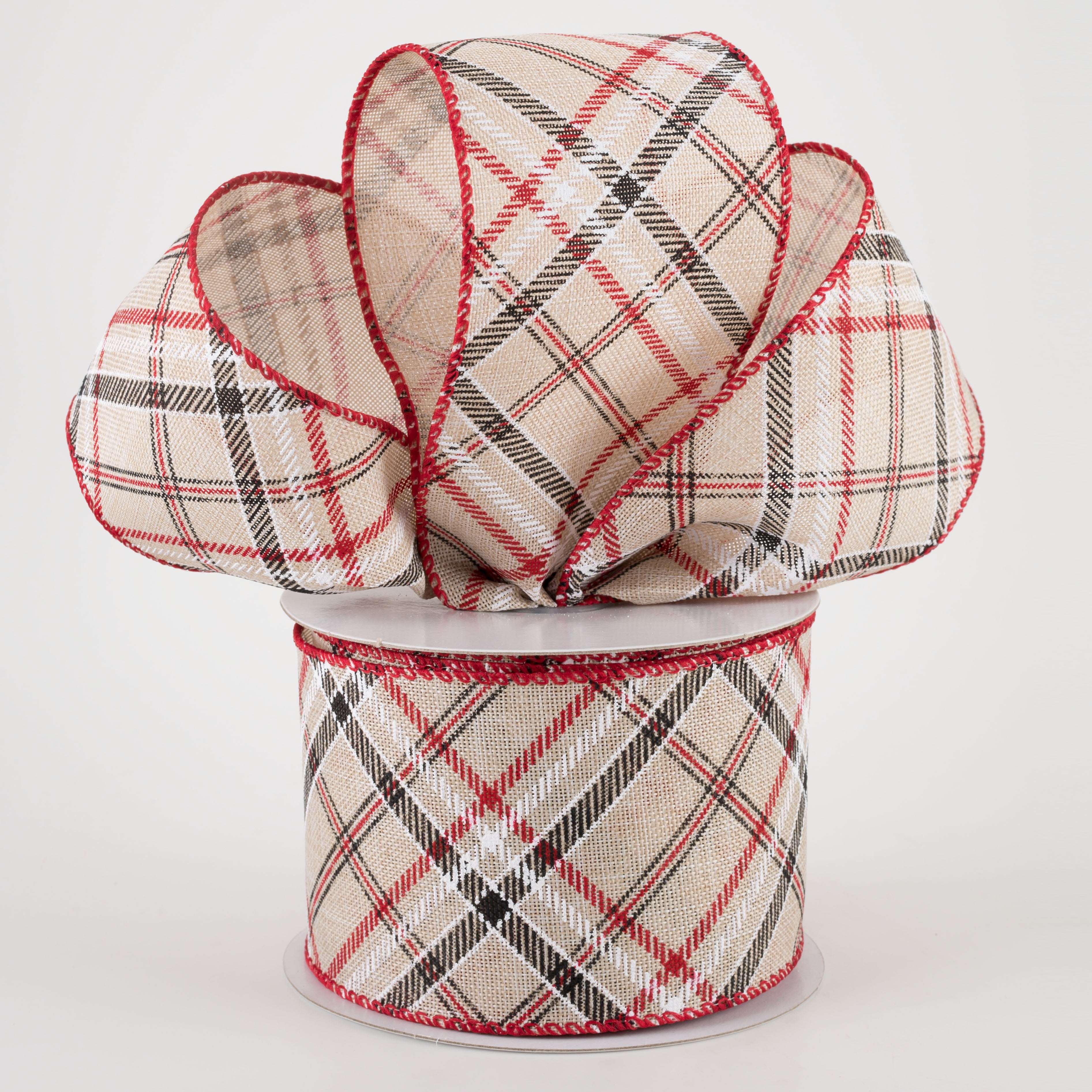 2.5" Linen Diagonal Plaid Ribbon: Beige & Red (10 Yards) Lifestyle Photo