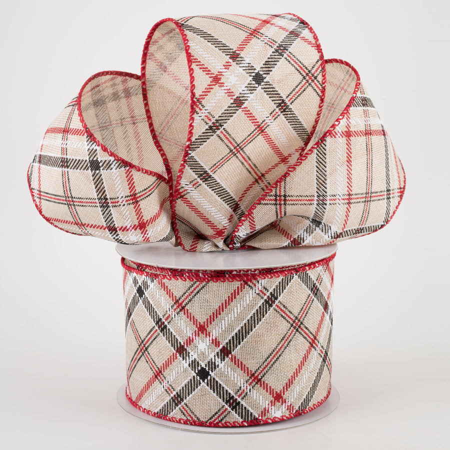 2.5" Linen Diagonal Plaid Ribbon: Beige & Red (10 Yards) Lifestyle Photo
