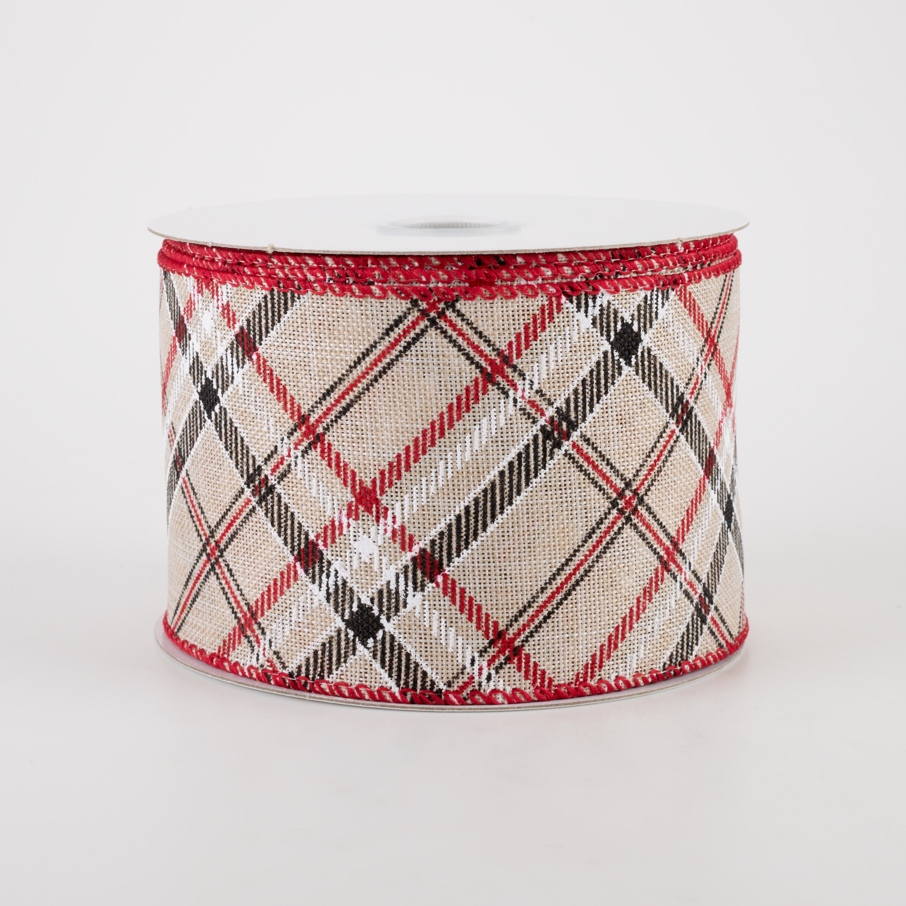 2.5" Linen Diagonal Plaid Ribbon: Beige & Red (10 Yards)