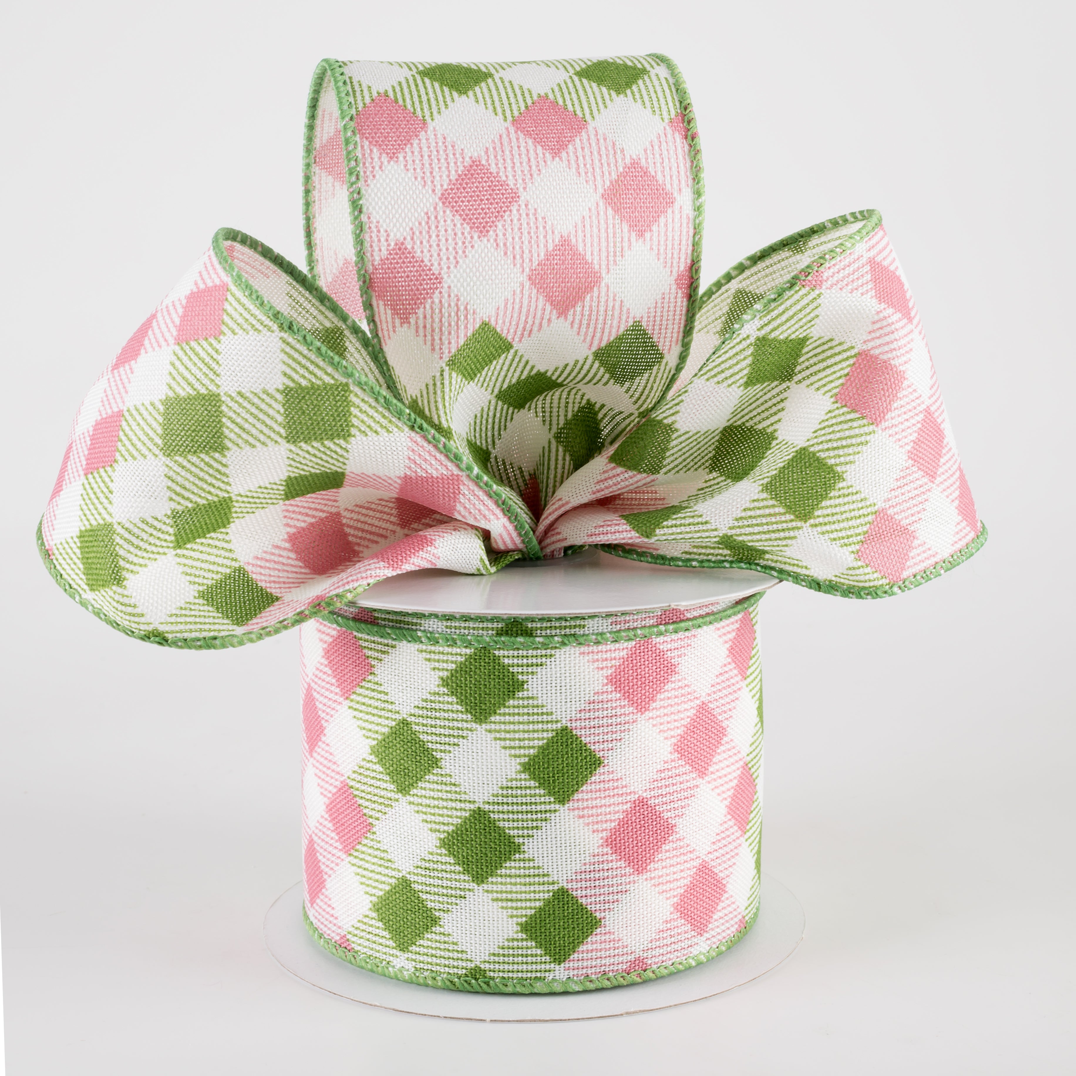 2.5" Linen Diamond Ombré Check Ribbon: Ivory, Sage, Pink (10 Yards) Lifestyle Photo