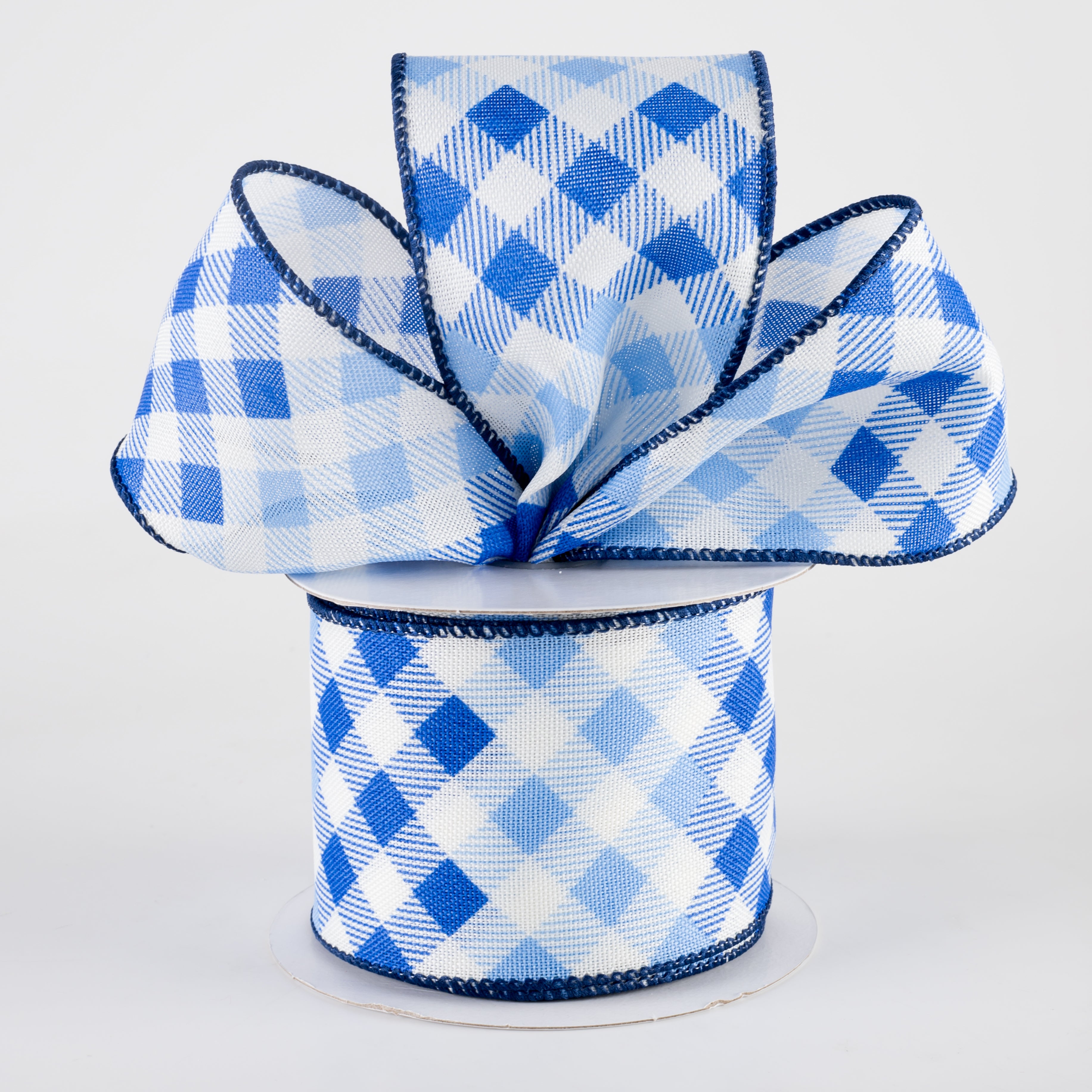 2.5" Linen Diamond Ombré Check Ribbon: White, Royal, Blue (10 Yards) Lifestyle Photo
