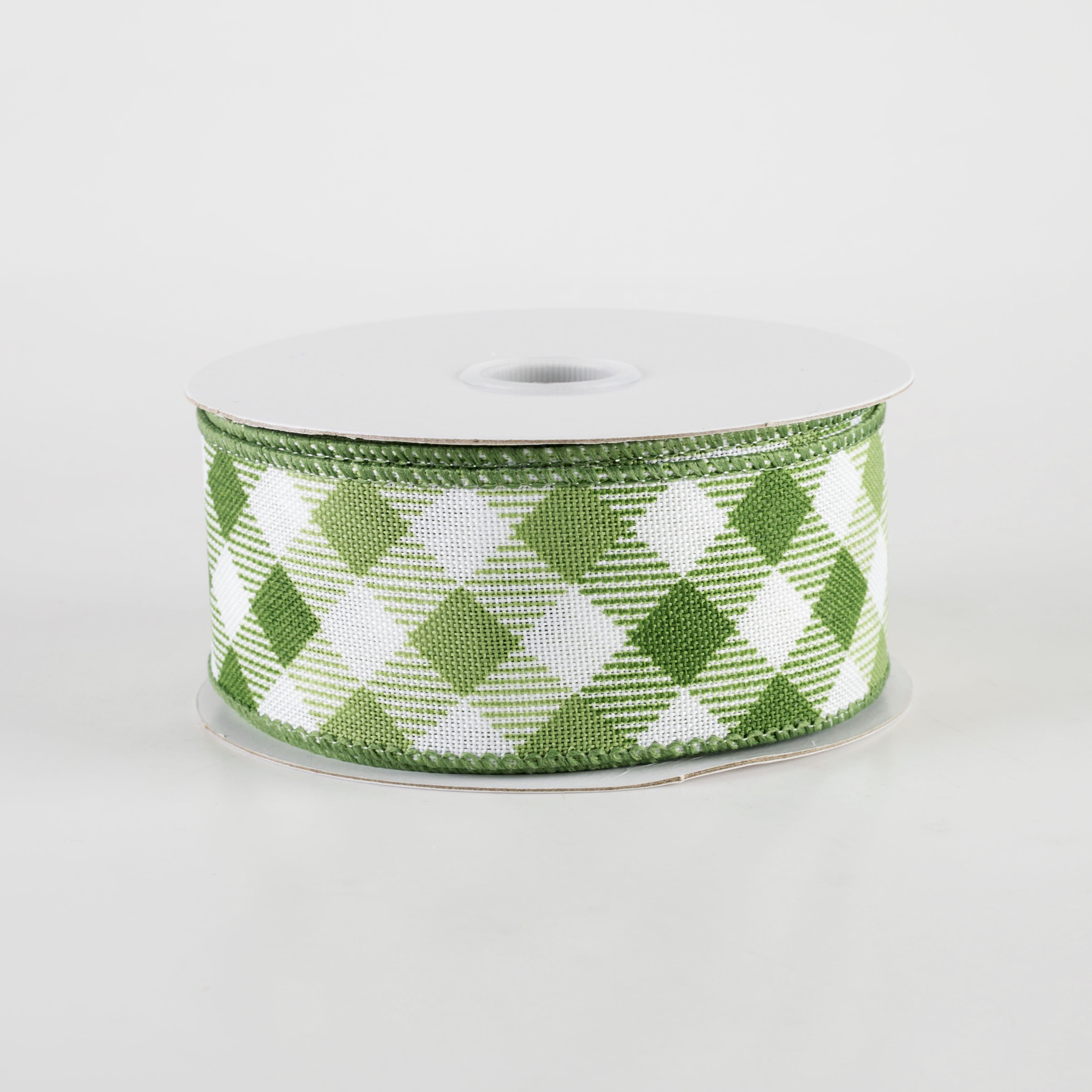 1.5" Linen Diamond Ombré Check Ribbon: White, Sage, Moss (10 Yards)