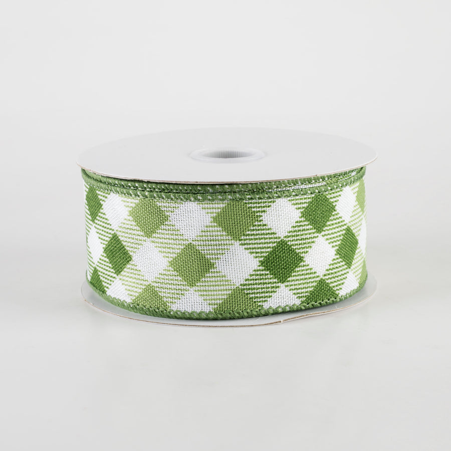 1.5" Linen Diamond Ombré Check Ribbon: White, Sage, Moss (10 Yards)