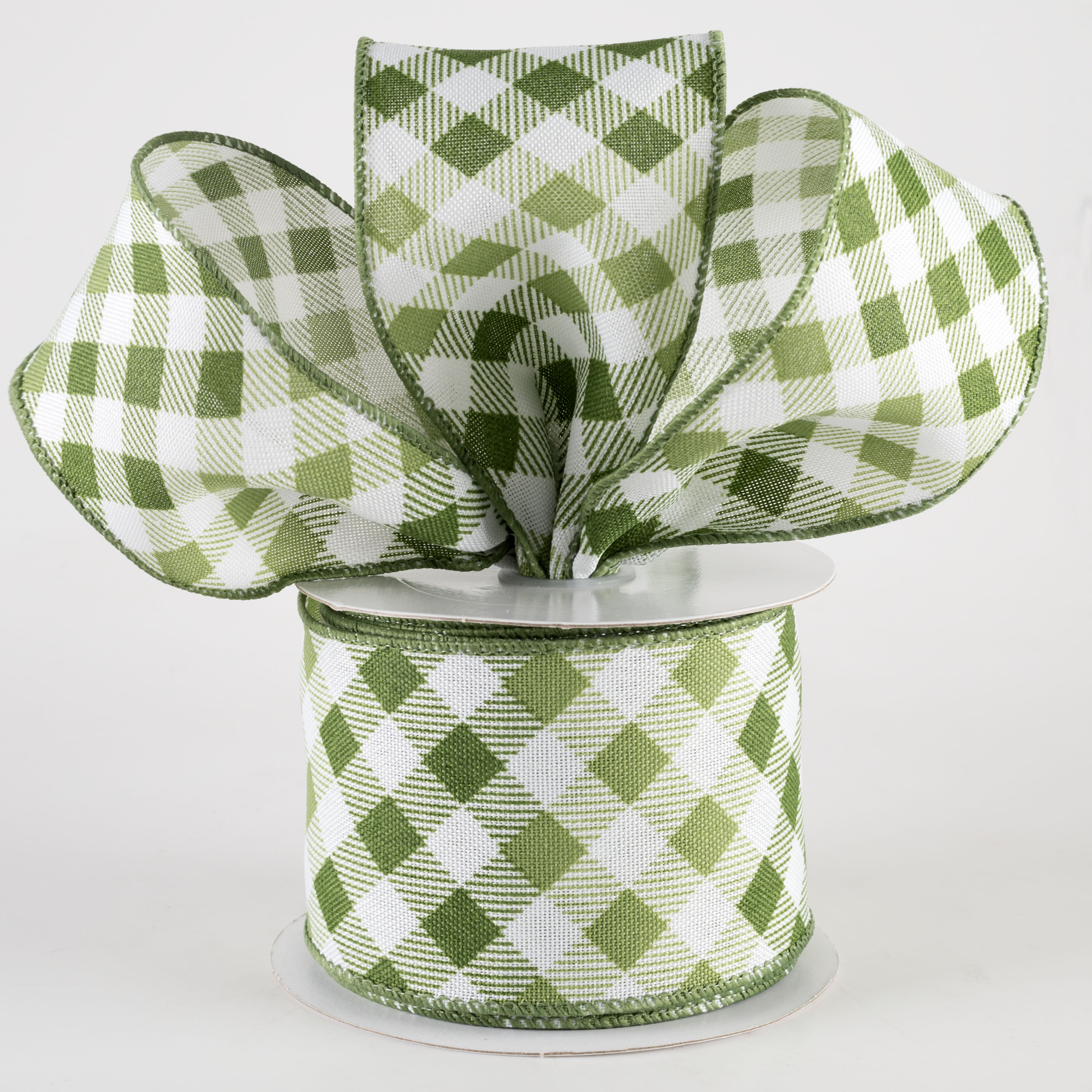 2.5" Linen Diamond Ombré Check Ribbon: White, Sage, Moss (10 Yards) Lifestyle Photo