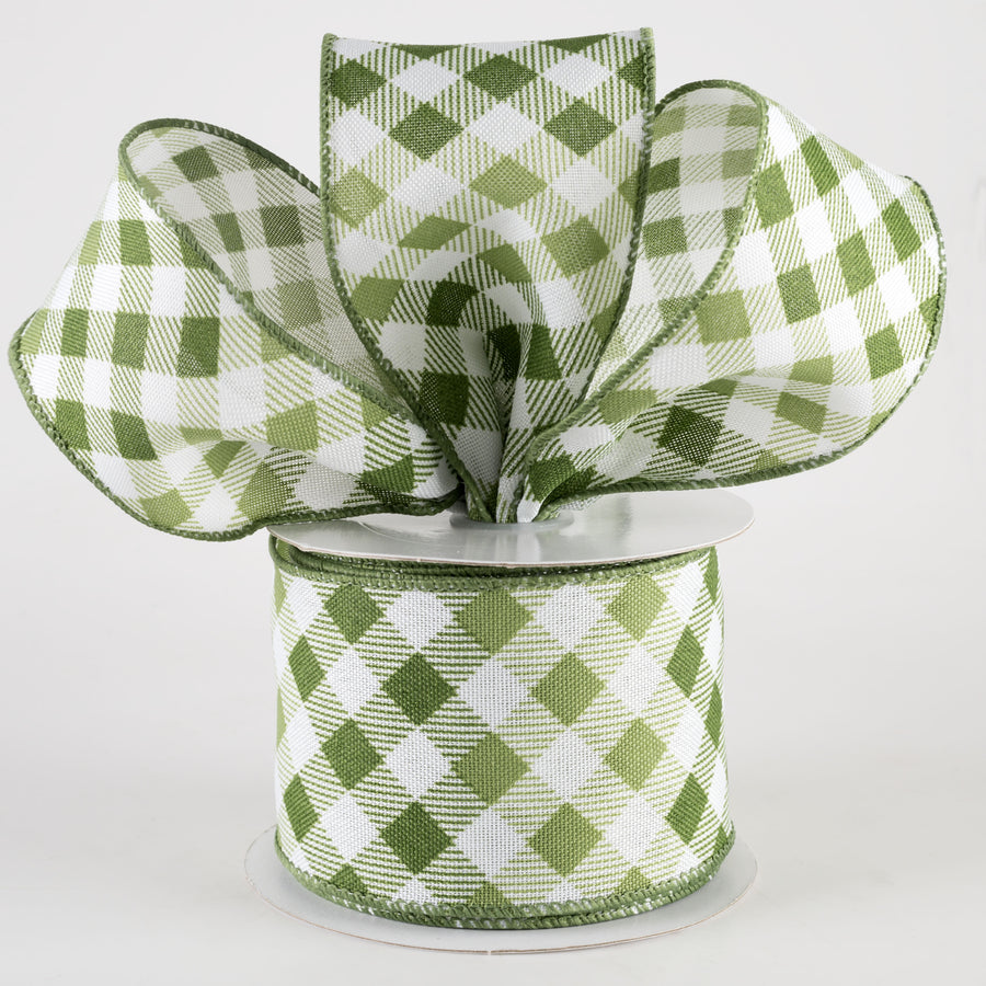 2.5" Linen Diamond Ombré Check Ribbon: White, Sage, Moss (10 Yards) Lifestyle Photo