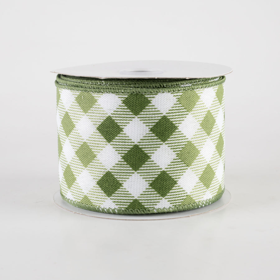 2.5" Linen Diamond Ombré Check Ribbon: White, Sage, Moss (10 Yards)