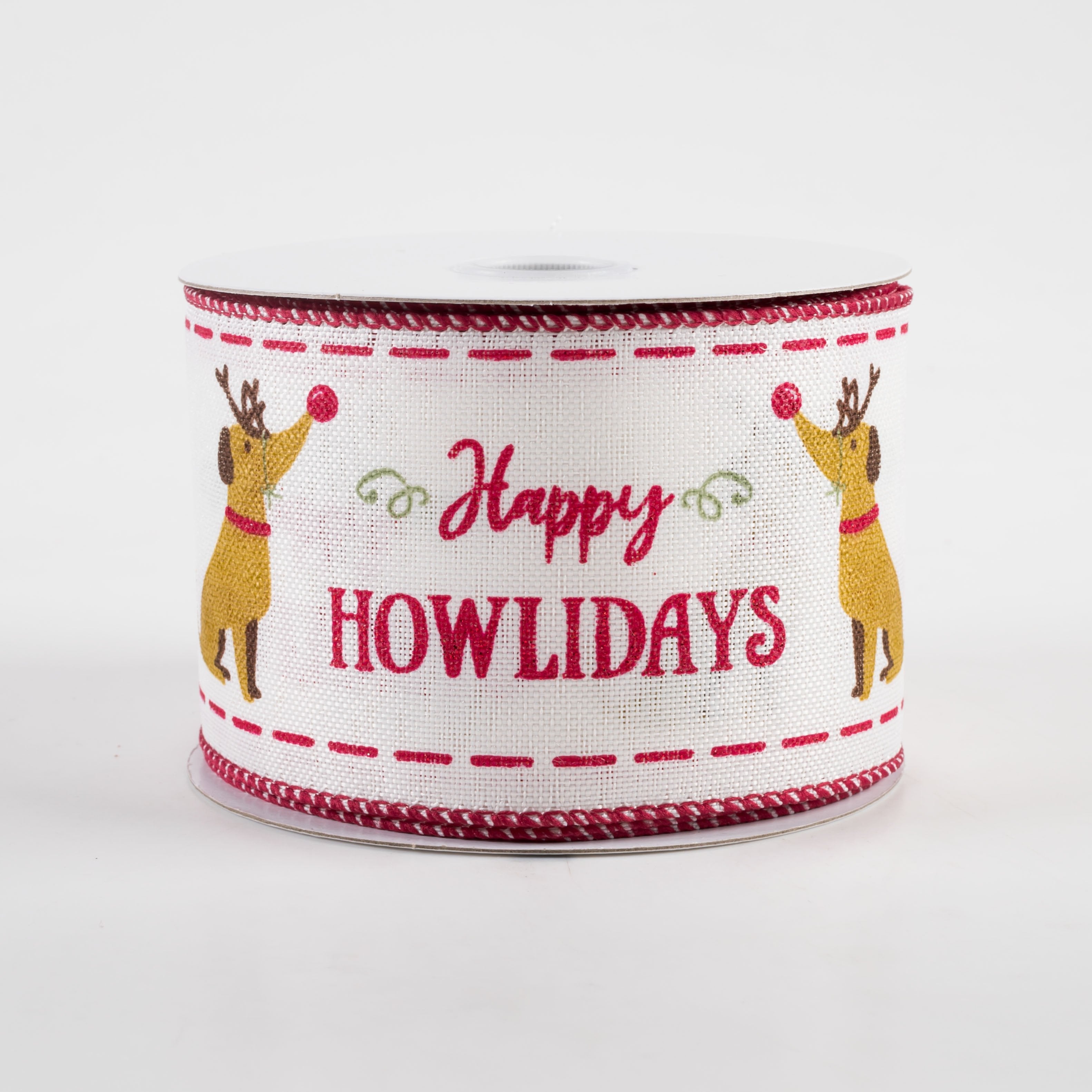 2.5" Linen Dog Glitter Happy Howlidays Ribbon: Ivory & Red (10 Yards) Item Number: 72307-40-18