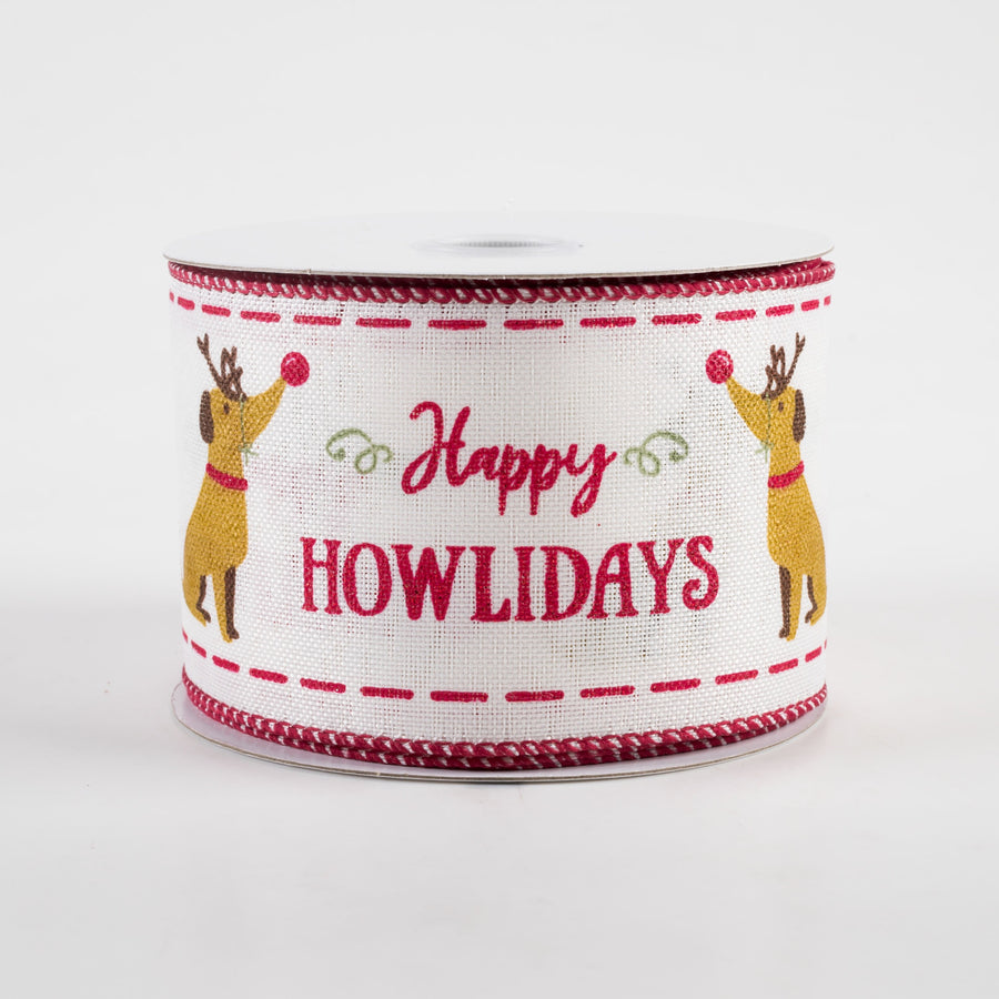 2.5" Linen Dog Glitter Happy Howlidays Ribbon: Ivory & Red (10 Yards) Item Number: 72307-40-18