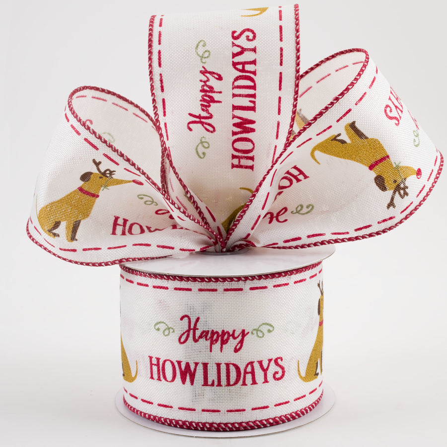 2.5" Linen Dog Glitter Happy Howlidays Ribbon: Ivory & Red (10 Yards) Lifestyle Photo