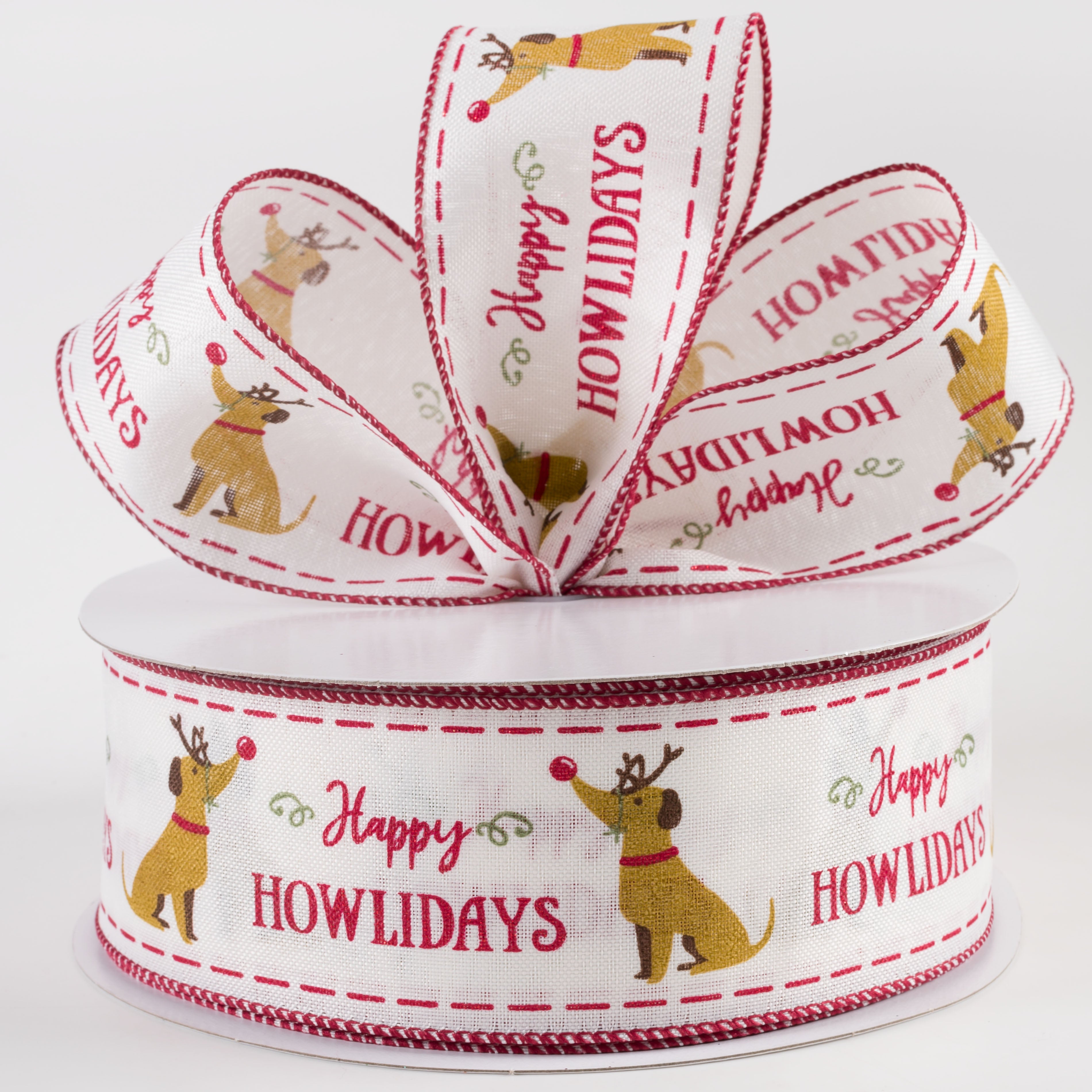 2.5" Linen Dog Glitter Happy Howlidays Ribbon: Ivory & Red (50 Yards) Lifestyle Photo