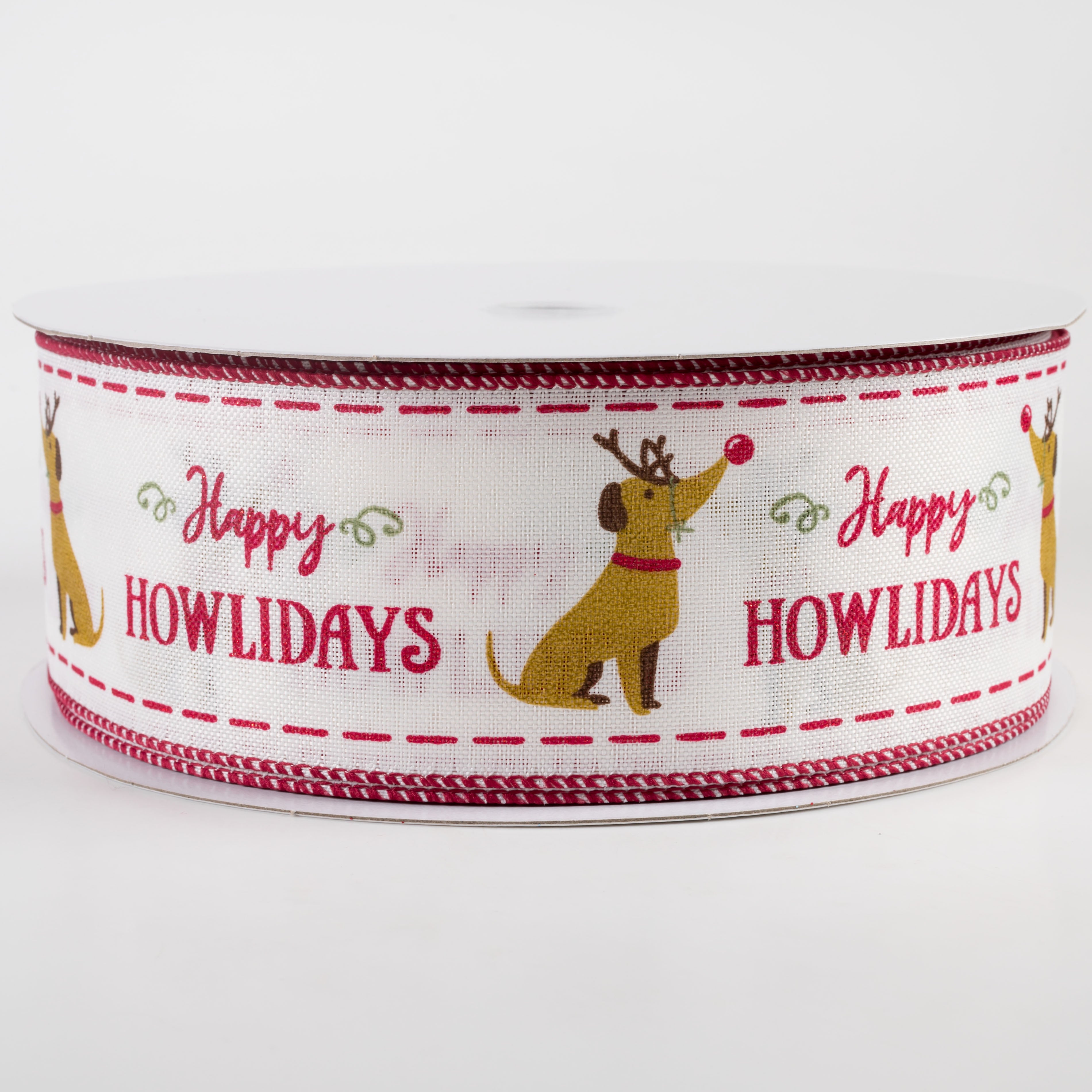 2.5" Linen Dog Glitter Happy Howlidays Ribbon: Ivory & Red (50 Yards)