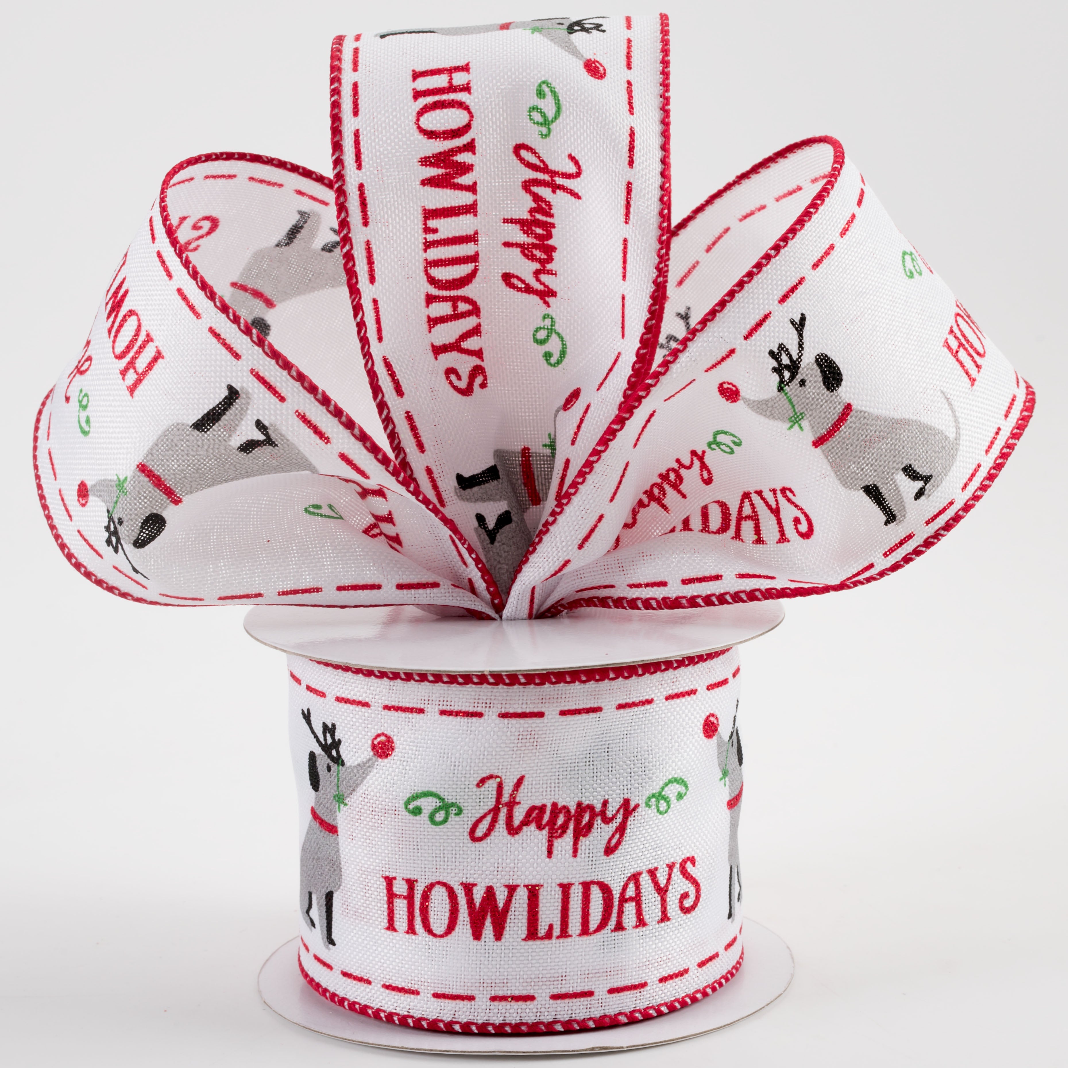 2.5" Linen Dog Glitter Happy Howlidays Ribbon: White & Red (10 Yards) Lifestyle Photo