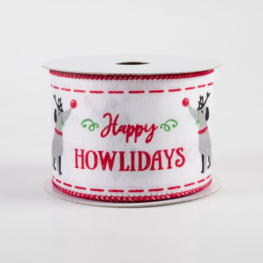 2.5" Linen Dog Glitter Happy Howlidays Ribbon: White & Red (10 Yards)