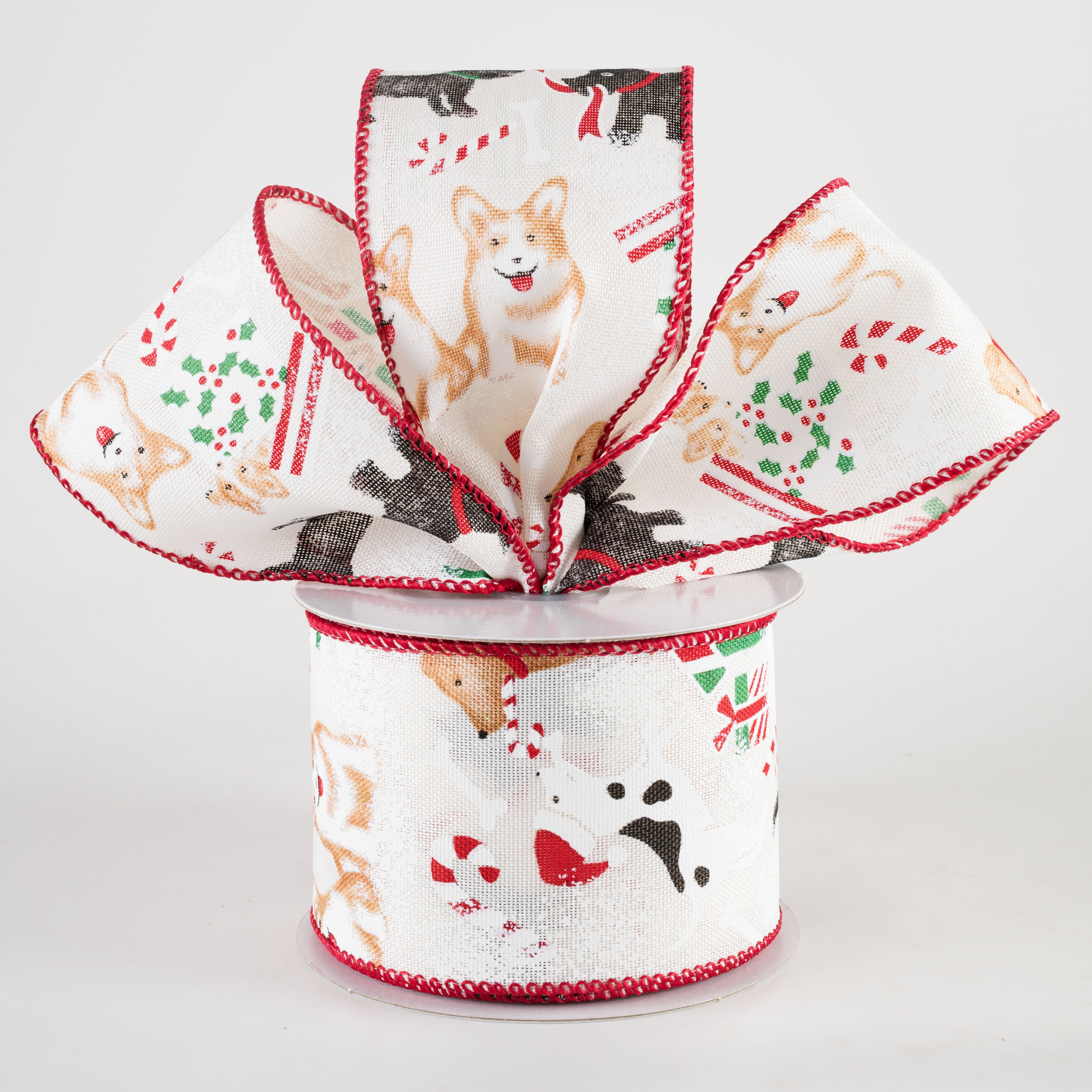 2.5" Linen Dogs Playing On Christmas Ribbon: Ivory (10 Yards) Lifestyle Photo