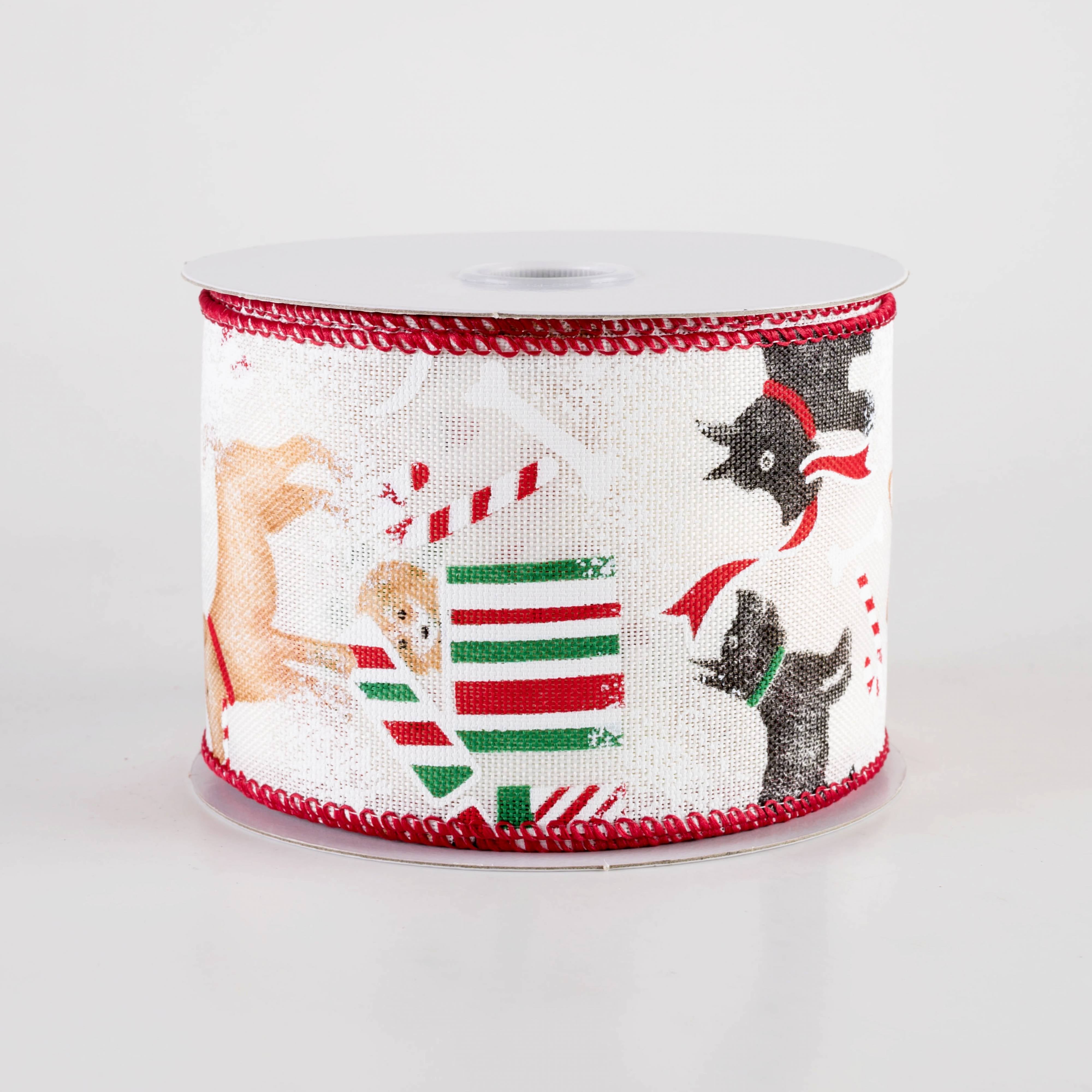2.5" Linen Dogs Playing On Christmas Ribbon: Ivory (10 Yards) Item Number: 71439-40-21