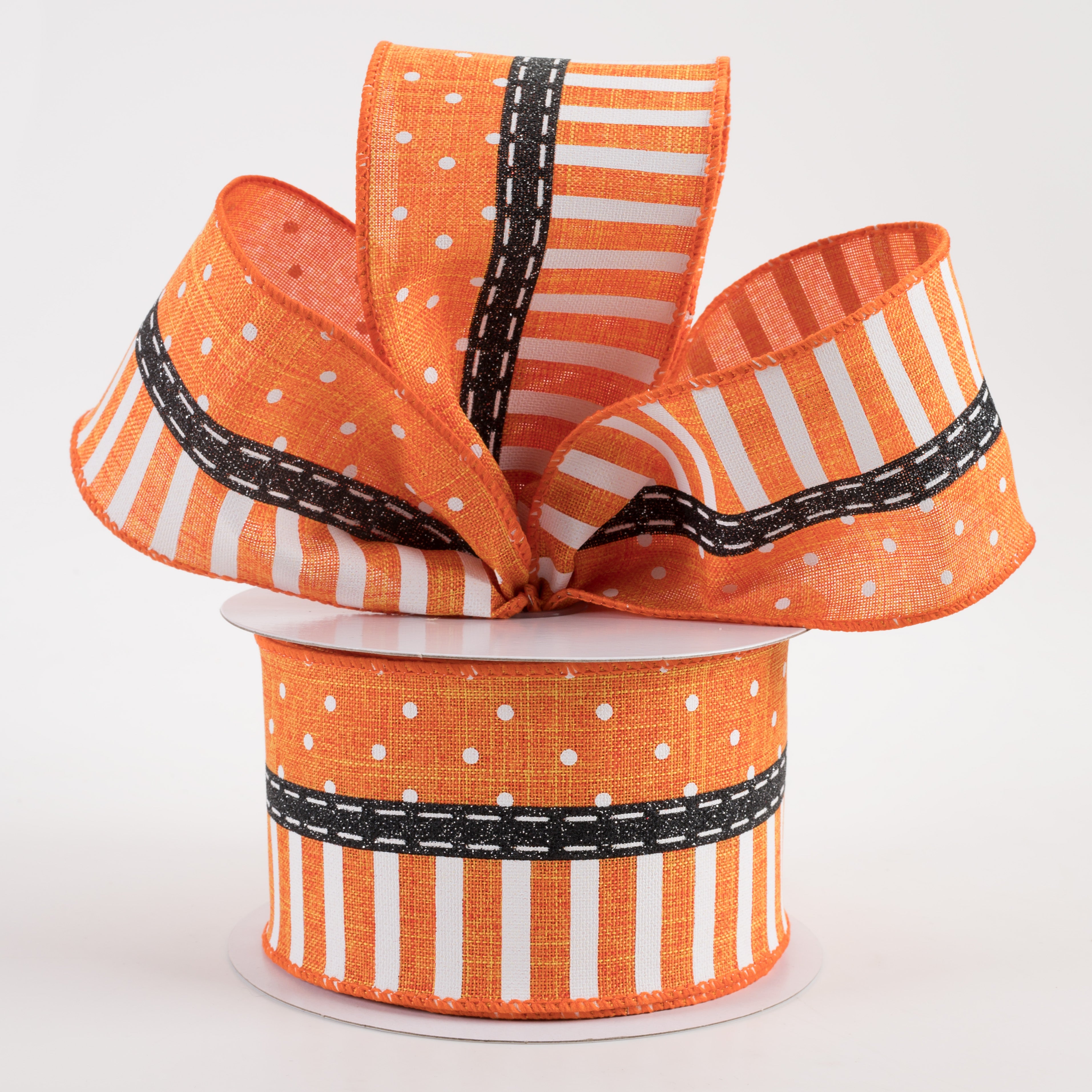 2.5" Linen Dots & Stripes Ribbon: Orange, Black, White (10 Yards) Lifestyle Photo