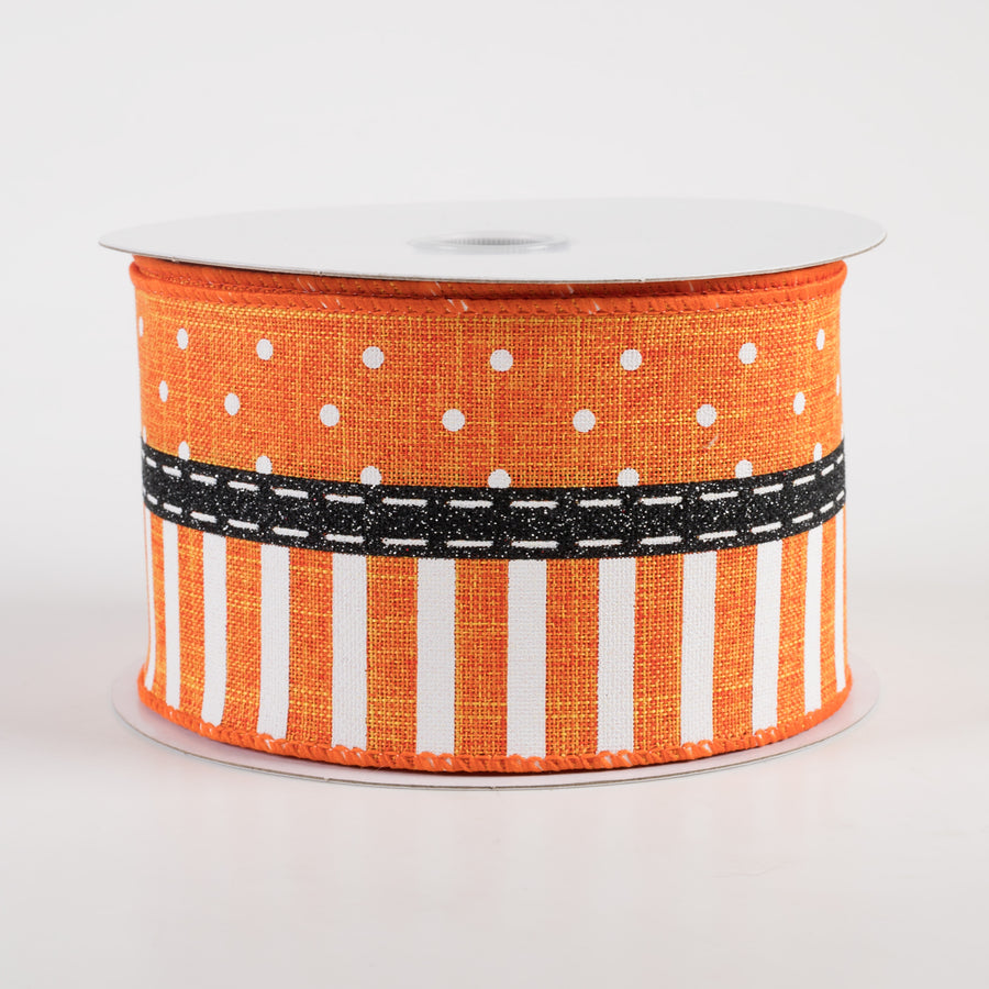 2.5" Linen Dots & Stripes Ribbon: Orange, Black, White (10 Yards) Item Number: 51301-40-19