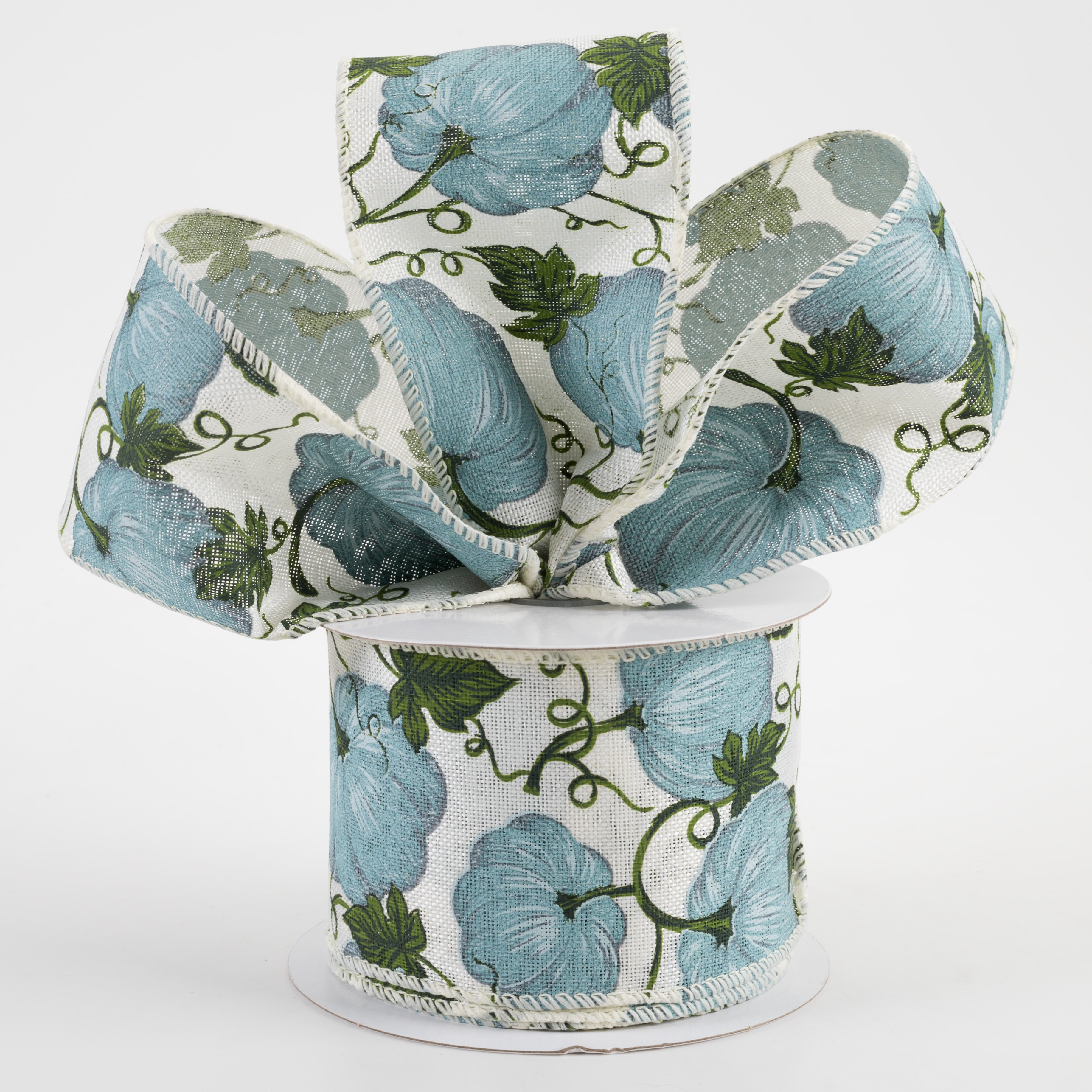 2.5" Linen Dusty Blue Pumpkin Ribbon: White (10 Yards) Lifestyle Photo