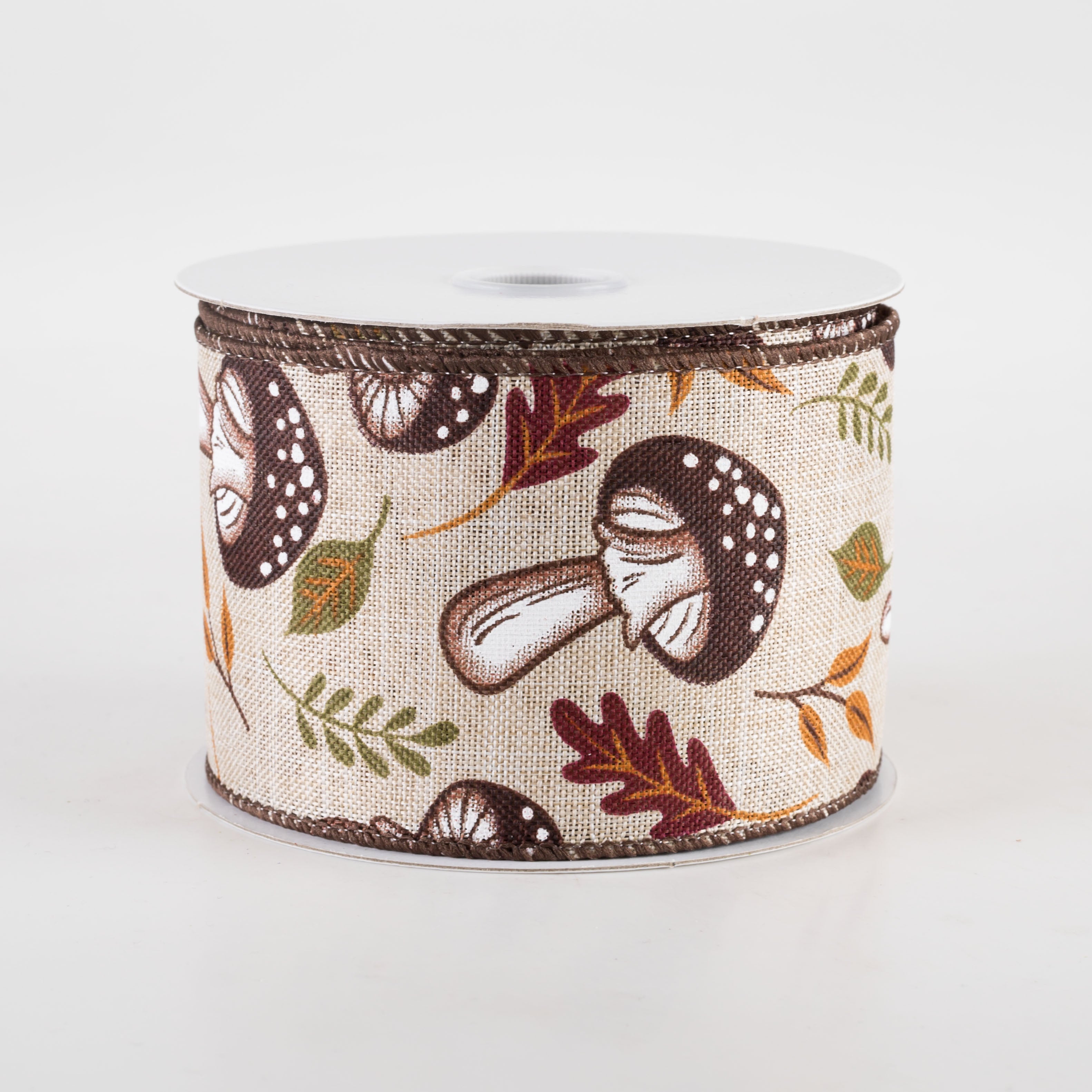 2.5" Linen Earthy Fall Mushrooms Ribbon: Natural (10 Yards) Item Number: 61411-40-15