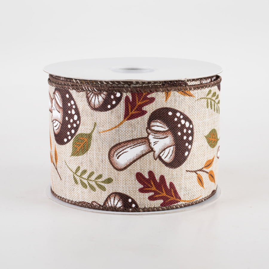 2.5" Linen Earthy Fall Mushrooms Ribbon: Natural (10 Yards) Item Number: 61411-40-15