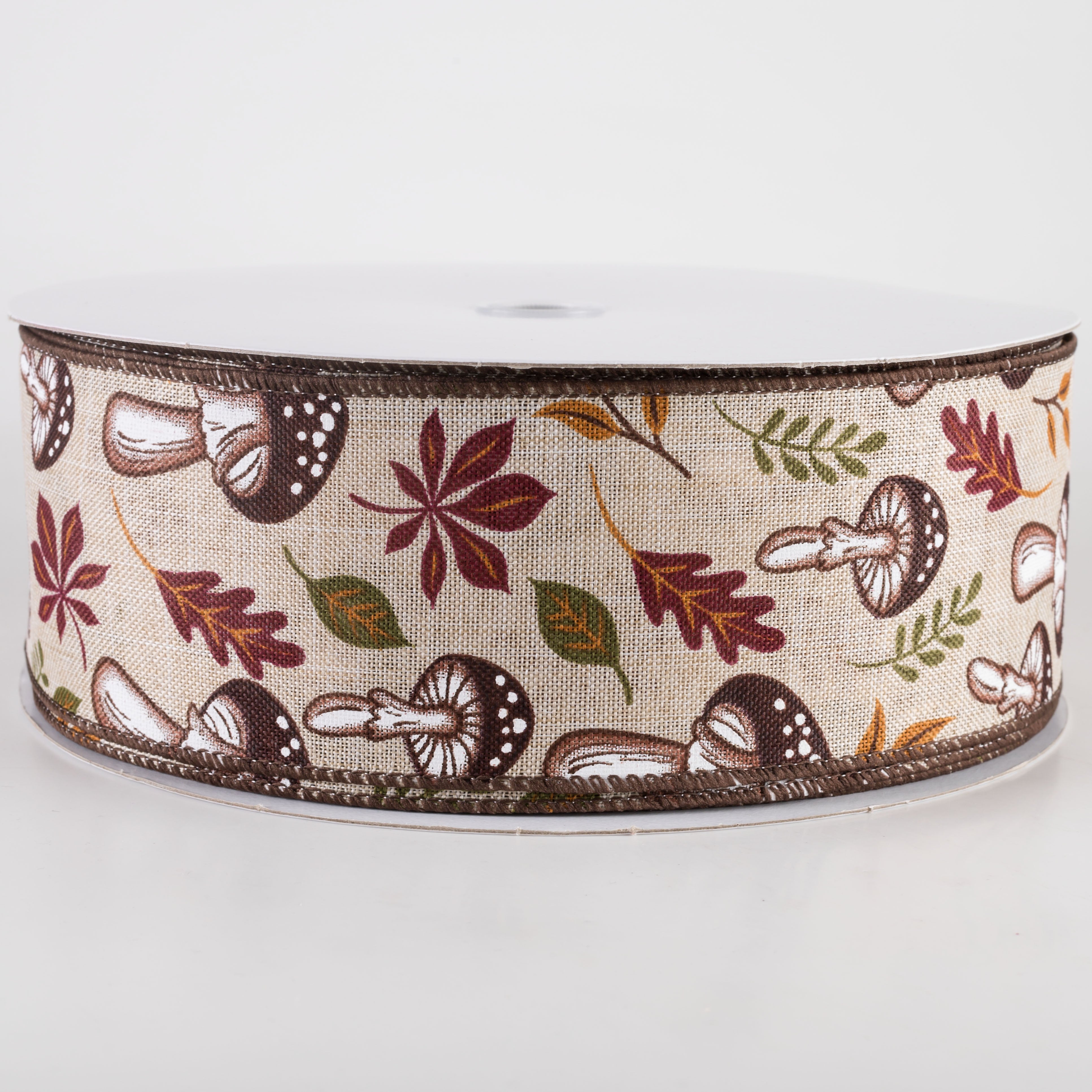 2.5" Linen Earthy Fall Mushrooms Ribbon: Natural (50 Yards) Item Number: 861-40-404