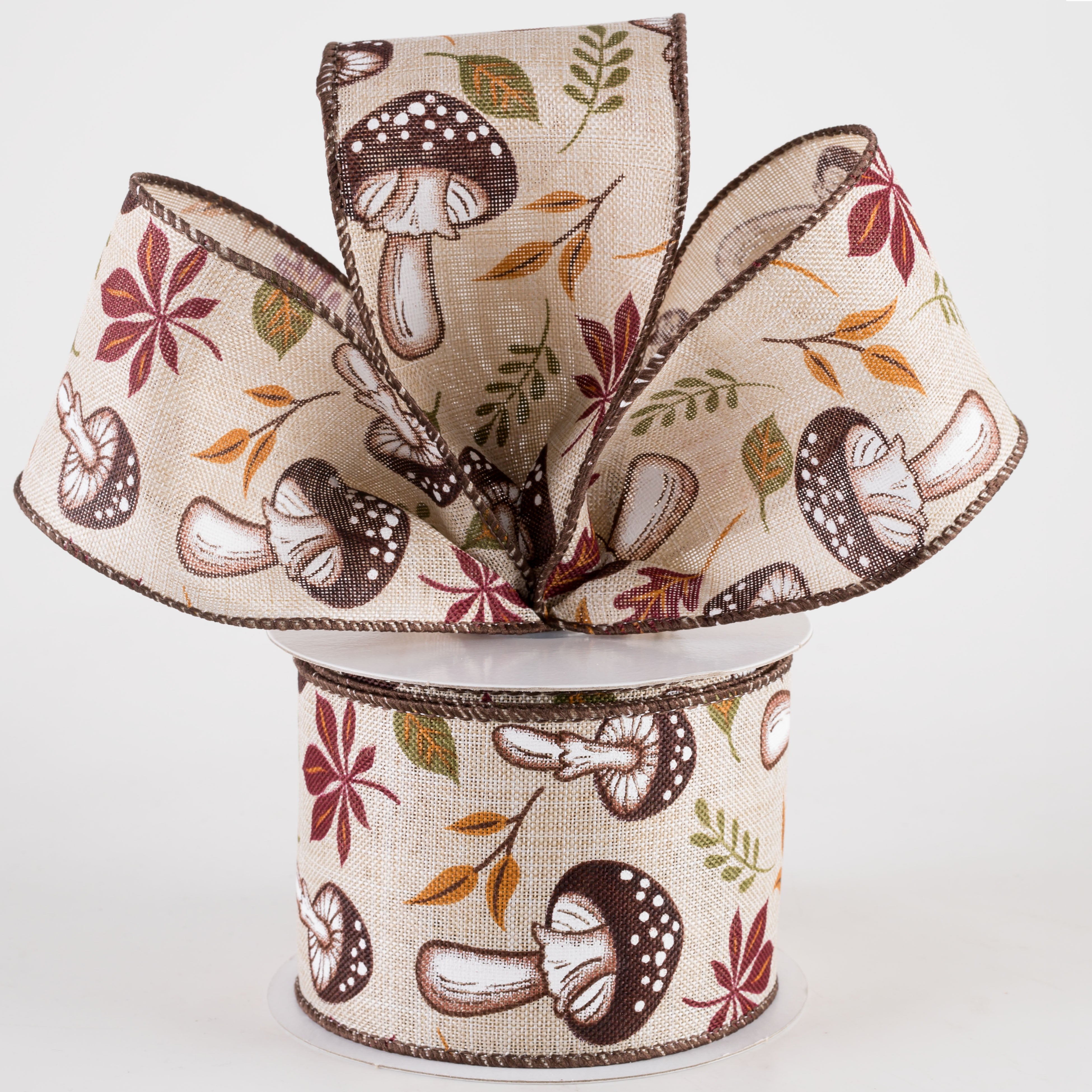 2.5" Linen Earthy Fall Mushrooms Ribbon: Natural (10 Yards) Lifestyle Photo