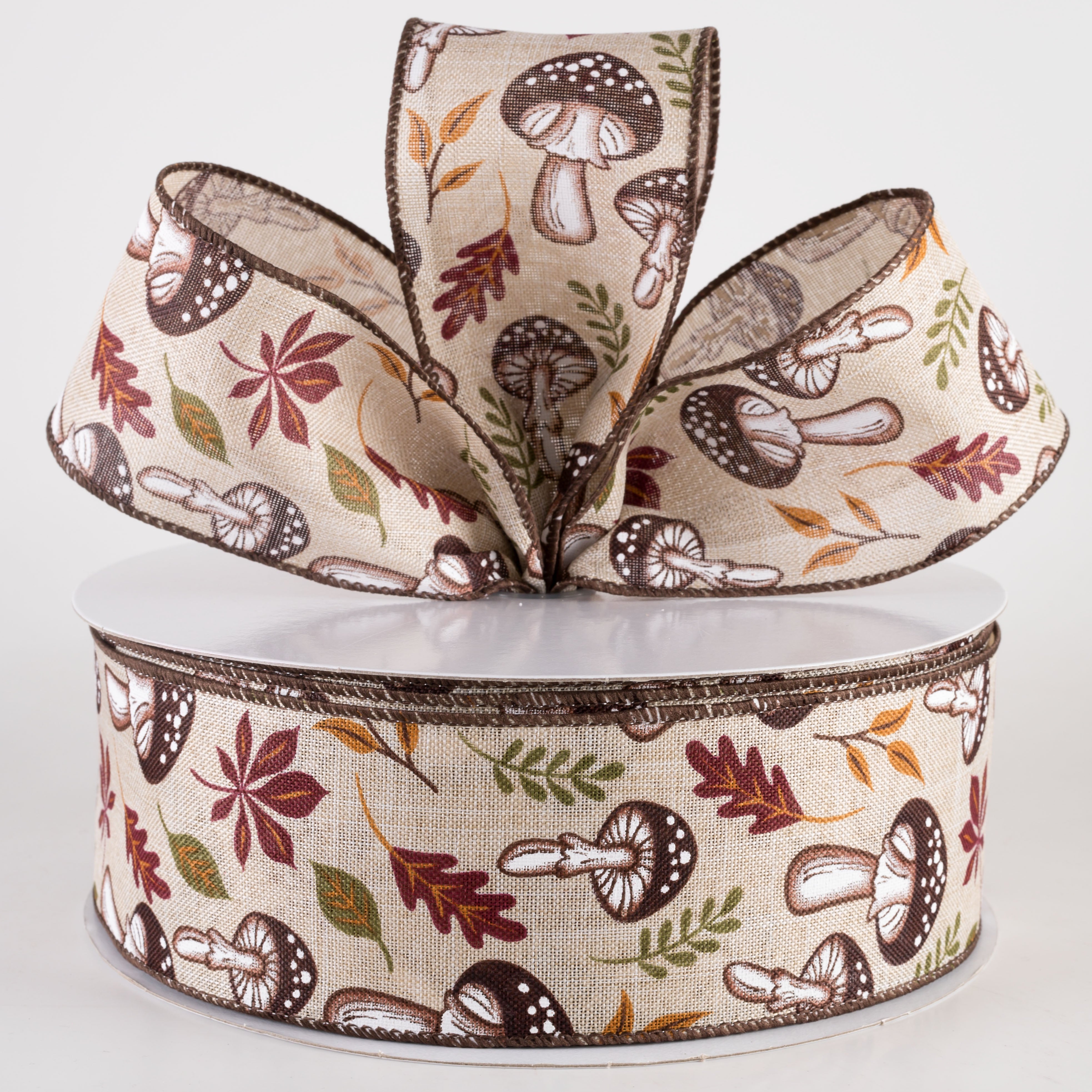 2.5" Linen Earthy Fall Mushrooms Ribbon: Natural (50 Yards) Lifestyle Photo