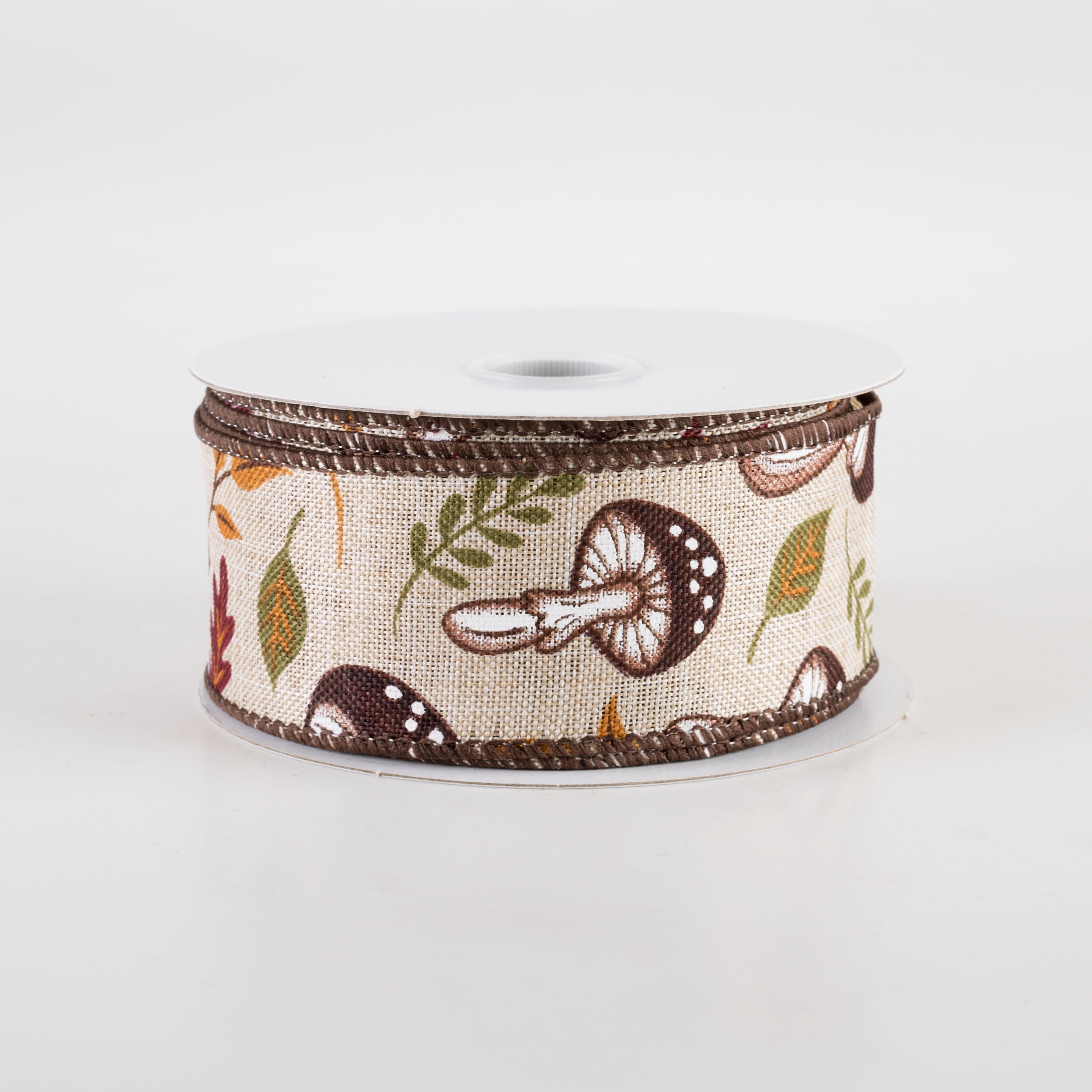 1.5" Linen Earthy Fall Mushrooms Ribbon: Natural (10 Yards) Item Number: 61411-09-15
