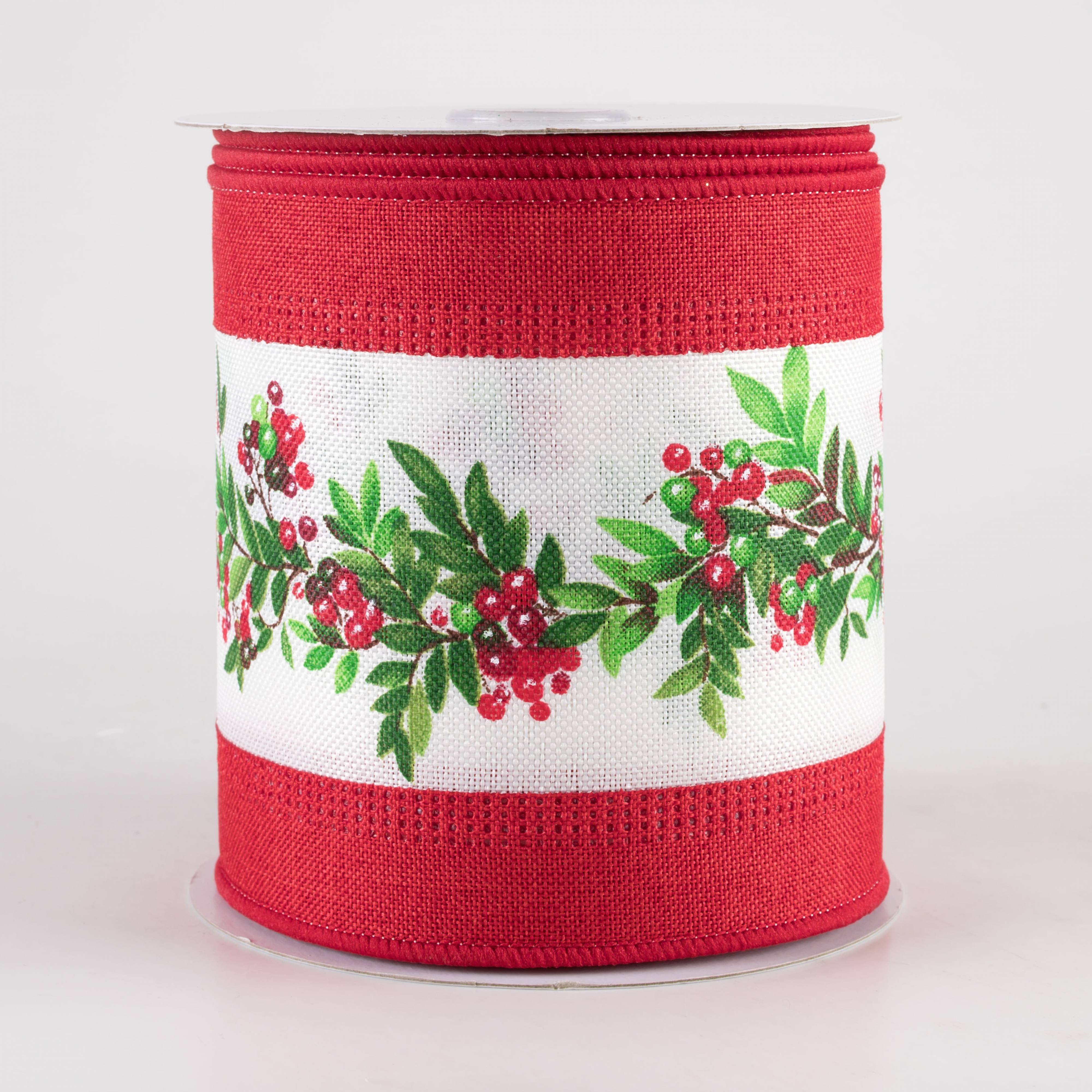 4" Linen Edge Christmas Berry Garland Ribbon: Red (10 Yards) Item Number: 78462-04-12