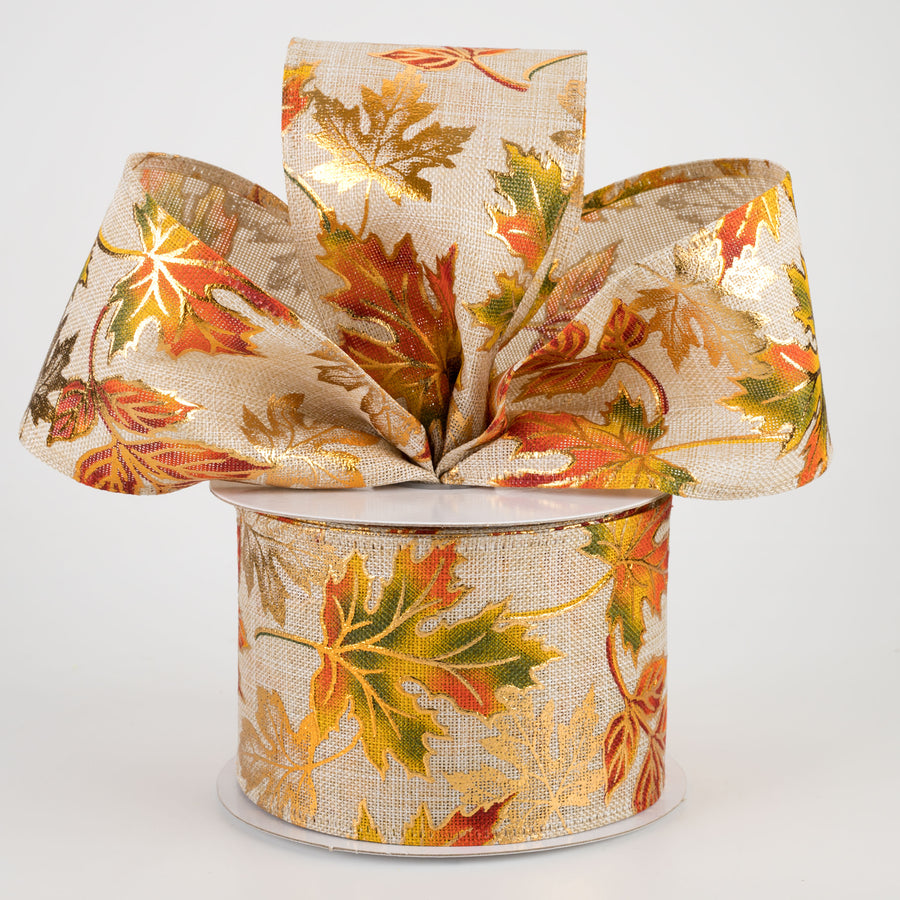 2.5" Linen Embossed Early Fall Leaves Ribbon: Natural (10 Yards) Lifestyle Photo