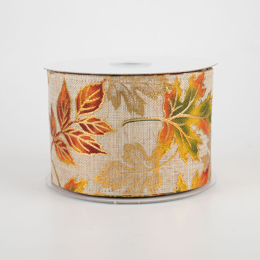2.5" Linen Embossed Early Fall Leaves Ribbon: Natural (10 Yards)
