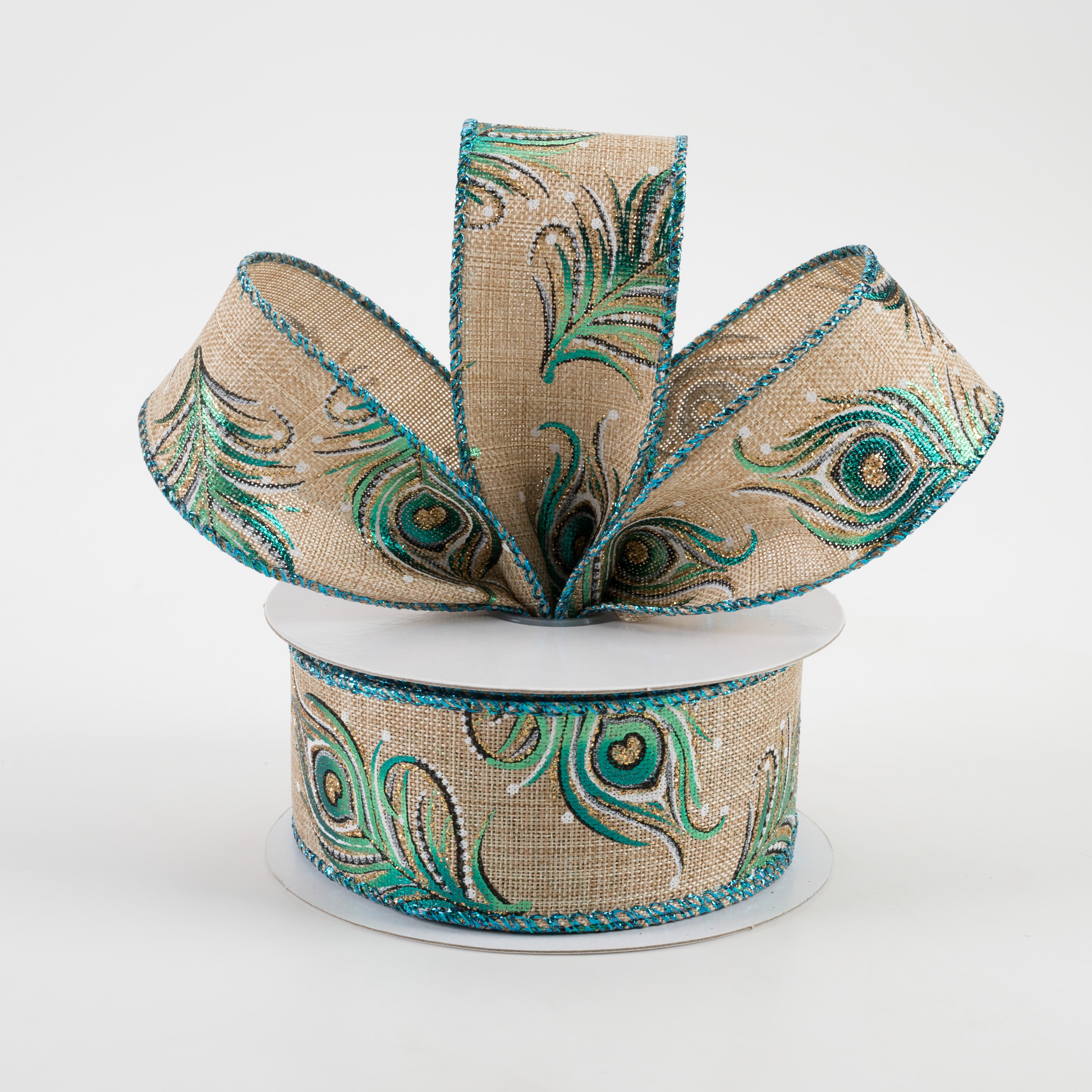 1.5" Linen Embossed Peacock Feathers Ribbon: Natural (10 Yards) Lifestyle Photo