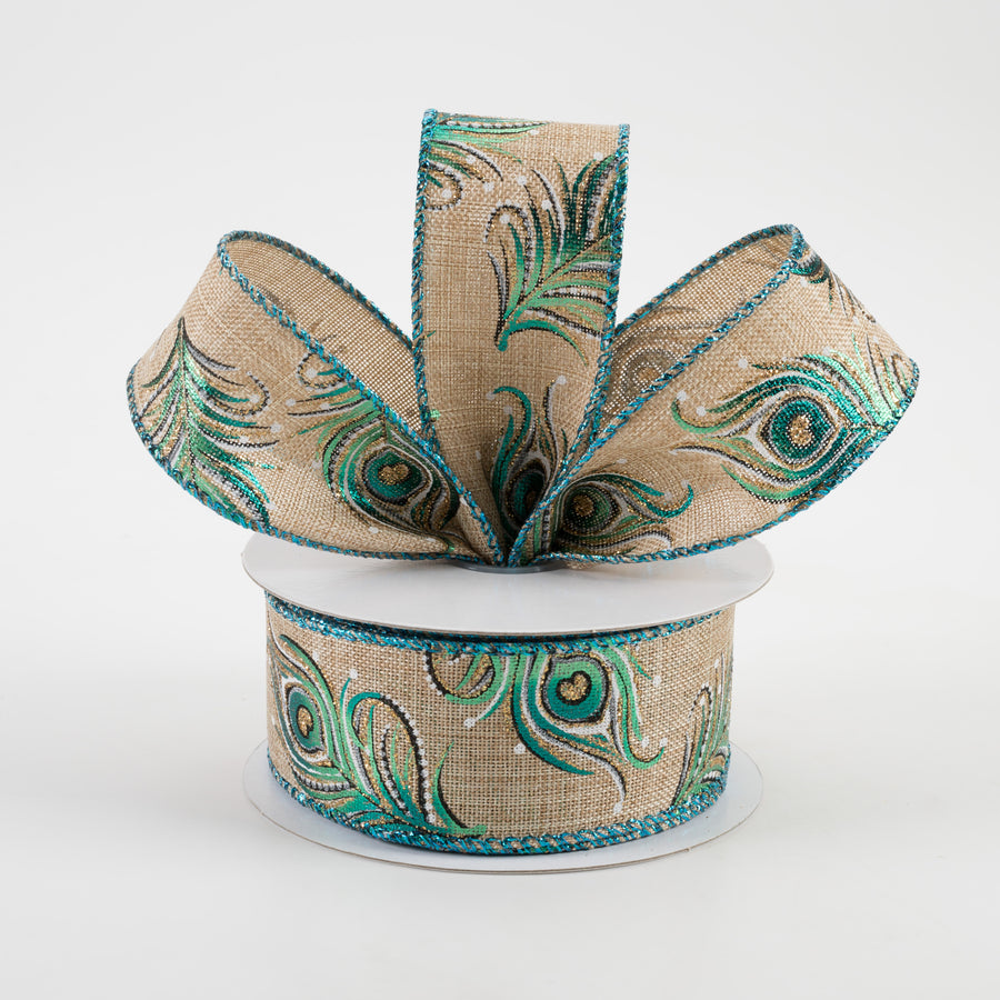 1.5" Linen Embossed Peacock Feathers Ribbon: Natural (10 Yards) Lifestyle Photo