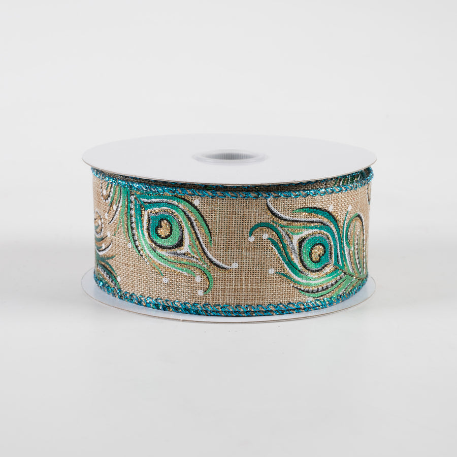 1.5" Linen Embossed Peacock Feathers Ribbon: Natural (10 Yards)