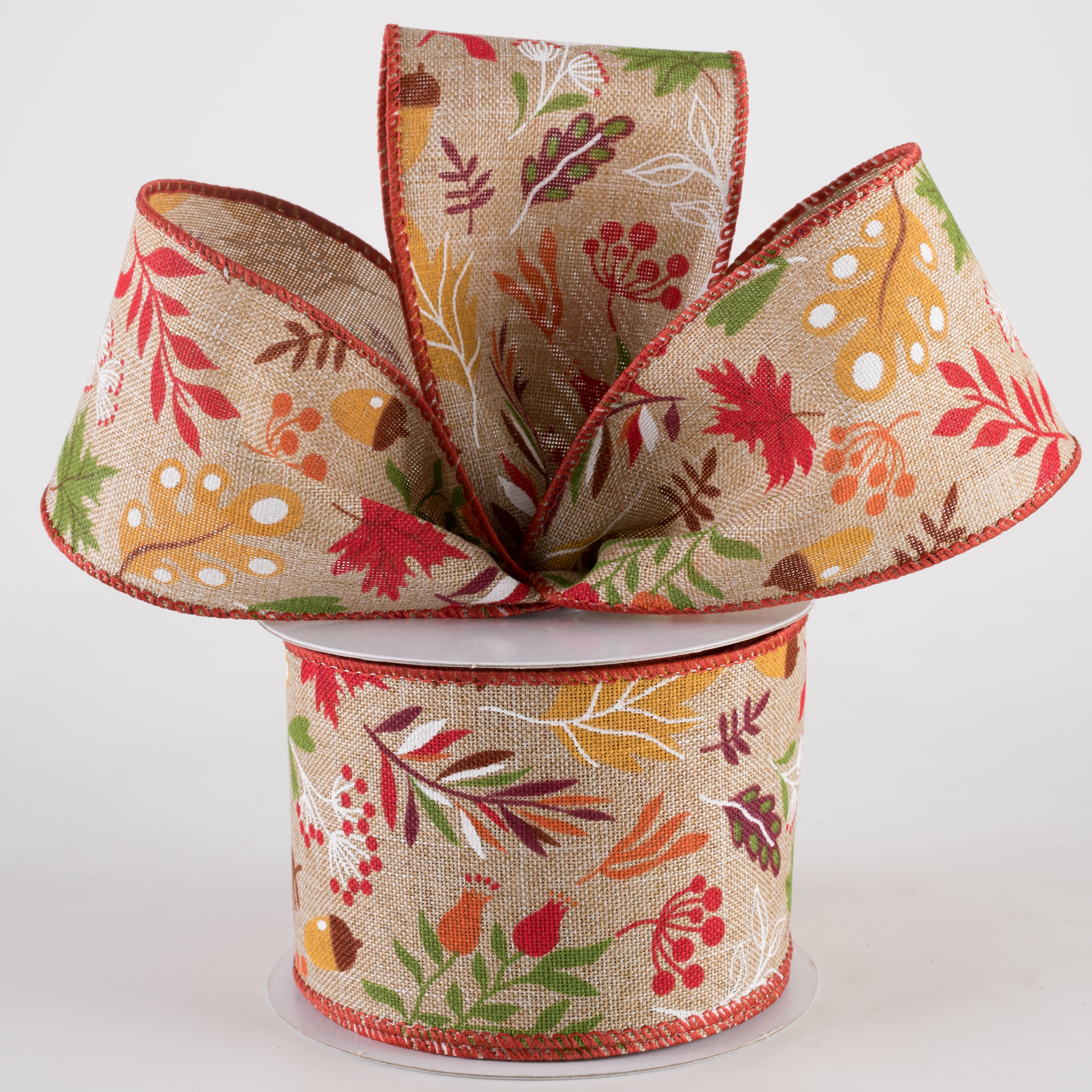 2.5" Linen Fall Foliage Ribbon: Green & Burgundy on Natural (10 Yards) Lifestyle Photo
