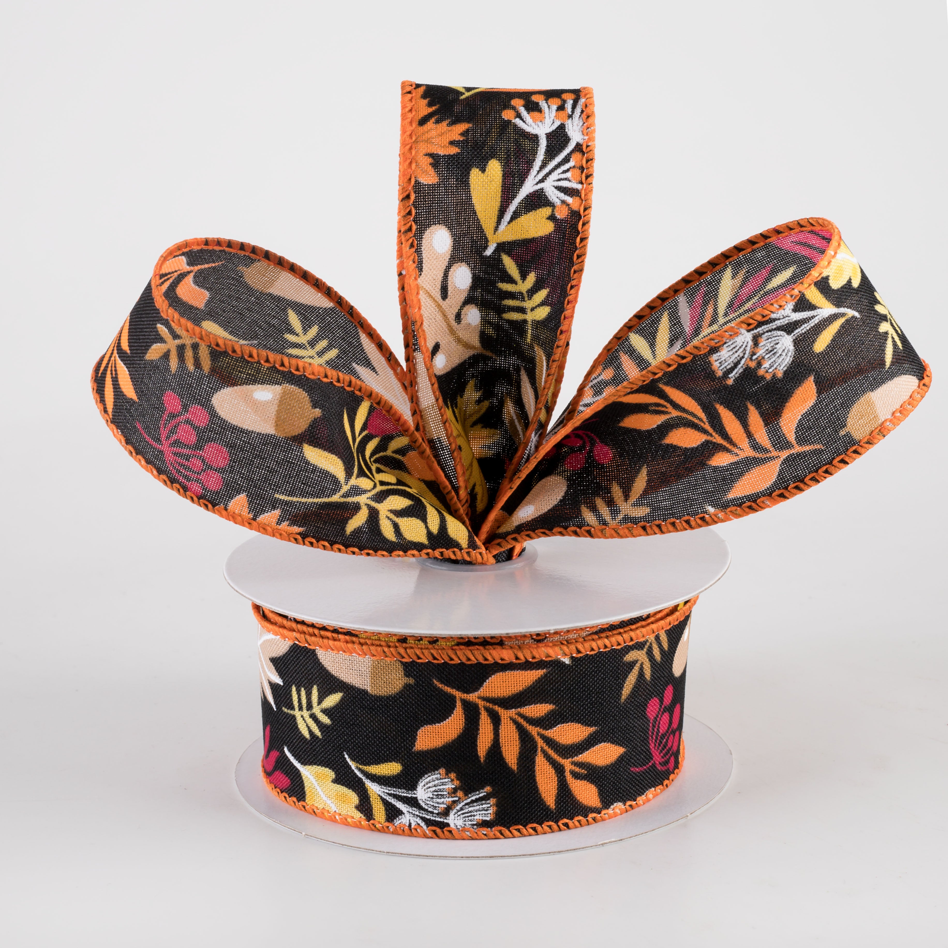 1.5" Linen Fall Foliage Ribbon: Orange & Burgundy on Black (10 Yards) Lifestyle Photo