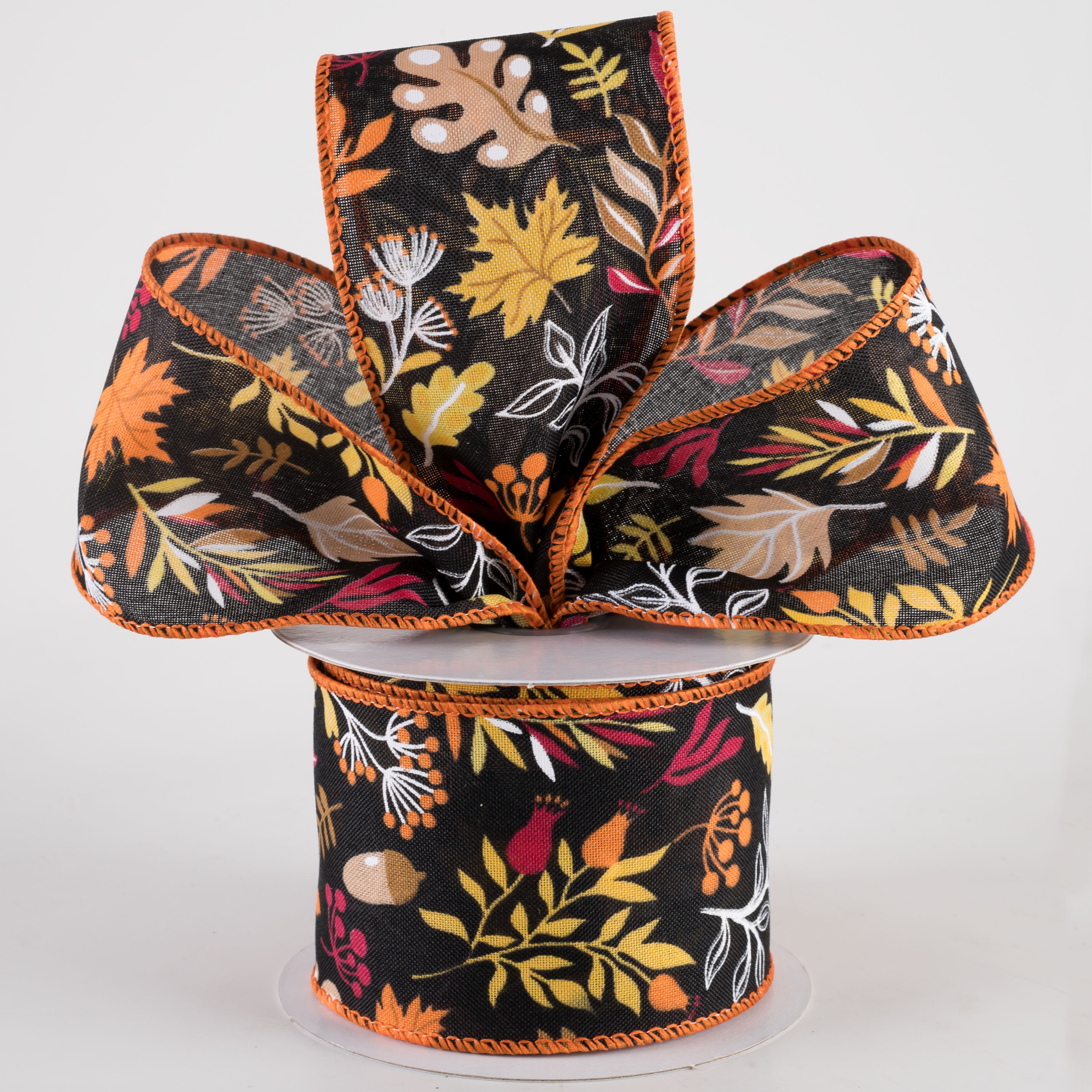 2.5" Linen Fall Foliage Ribbon: Orange & Burgundy on Black (10 Yards) Lifestyle Photo