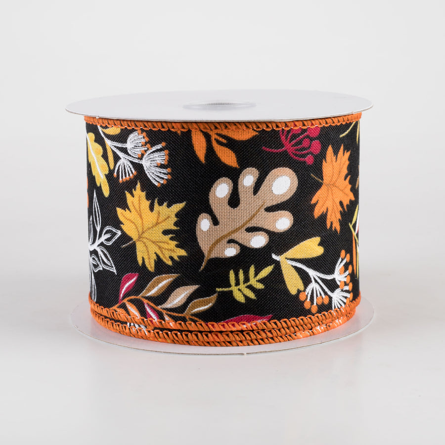 2.5" Linen Fall Foliage Ribbon: Orange & Burgundy on Black (10 Yards) Item Number: 61408-40-20
