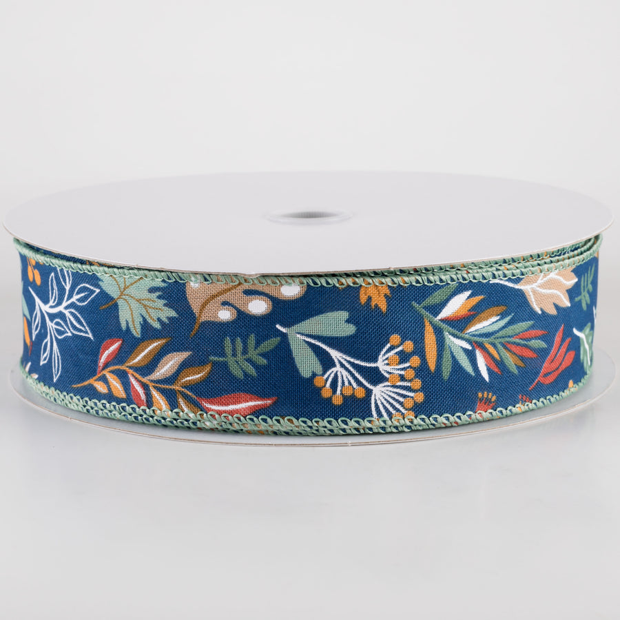 1.5" Linen Fall Foliage Ribbon: Orange & Teal on Navy (50 Yards) Item Number: 861-09-405