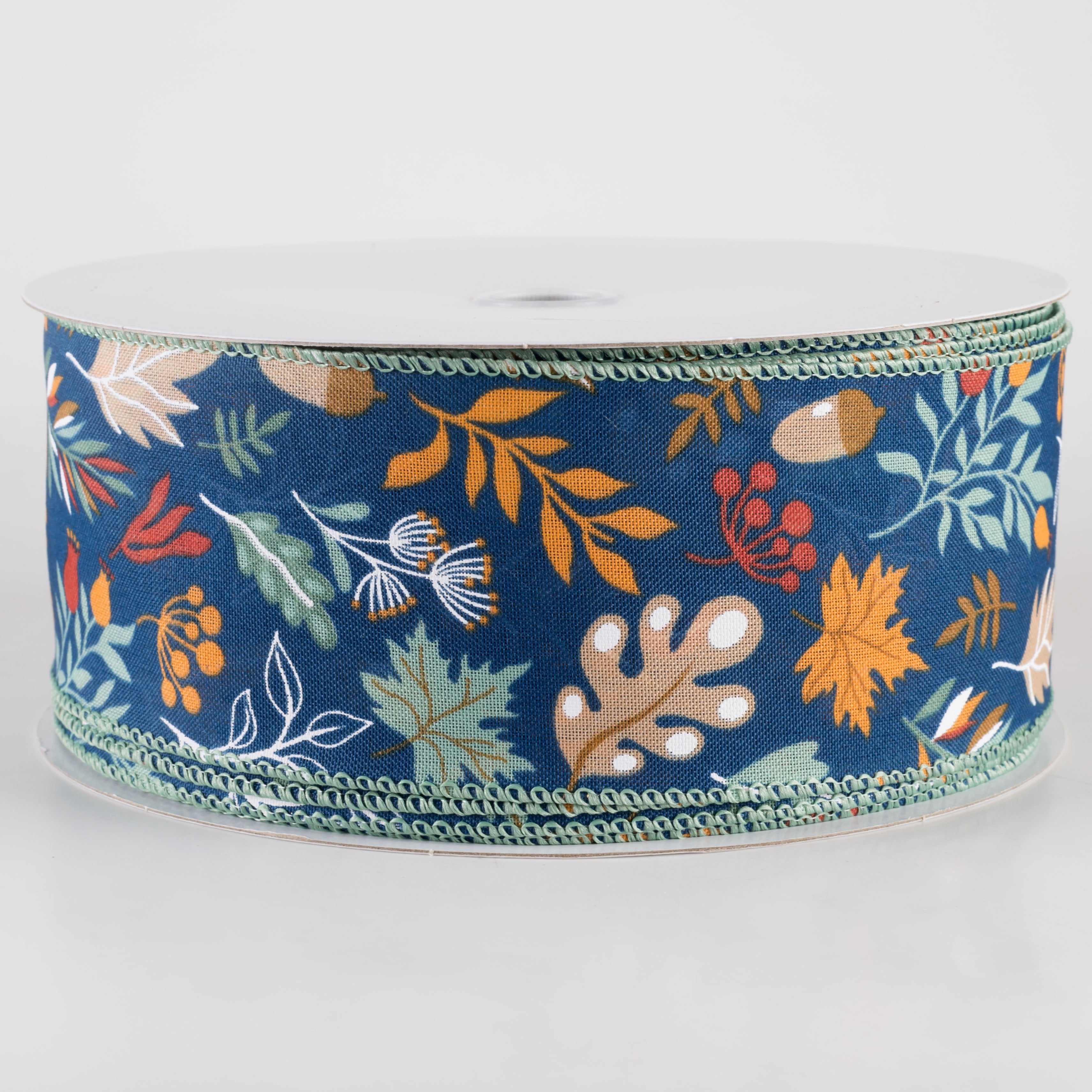 2.5" Linen Fall Foliage Ribbon: Orange & Teal on Navy (50 Yards) Item Number: 861-40-405