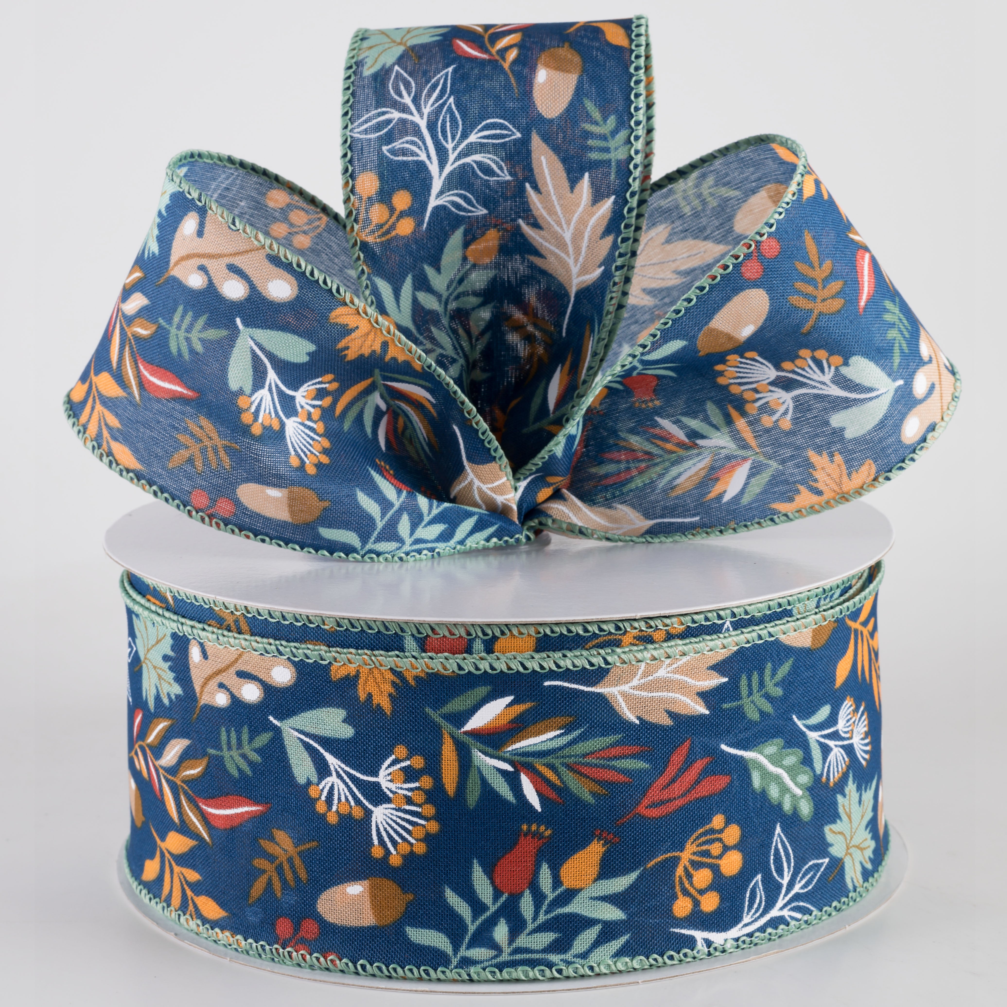 2.5" Linen Fall Foliage Ribbon: Orange & Teal on Navy (50 Yards) Lifestyle Photo