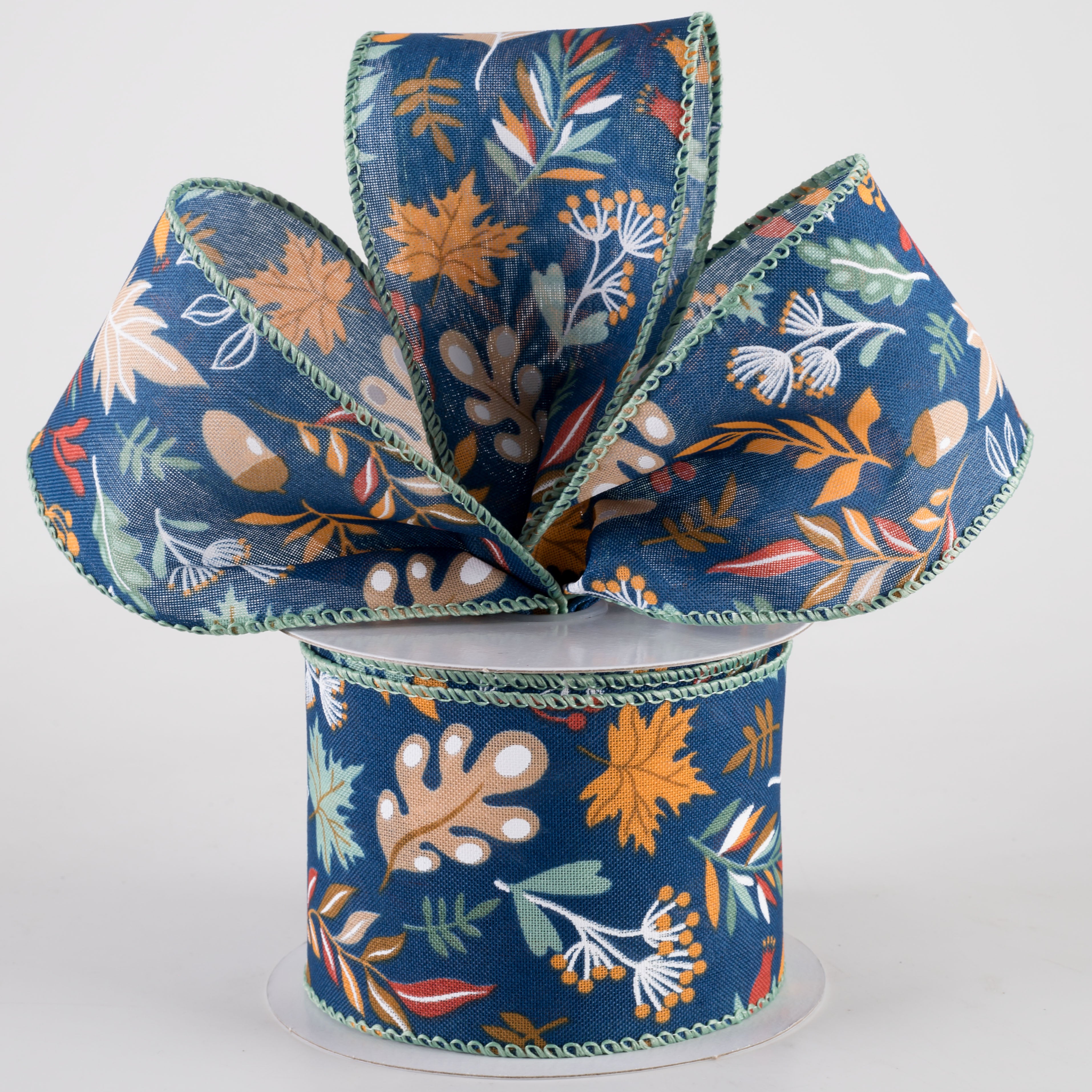 2.5" Linen Fall Foliage Ribbon: Orange & Teal on Navy (10 Yards) Lifestyle Photo
