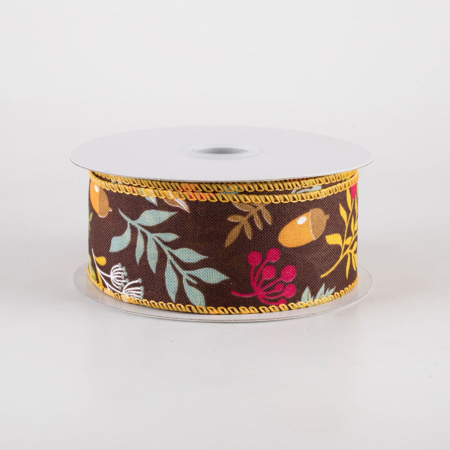 1.5" Linen Fall Foliage Ribbon: Sunflower & Teal on Brown (10 Yards) Item Number: 61408-09-38