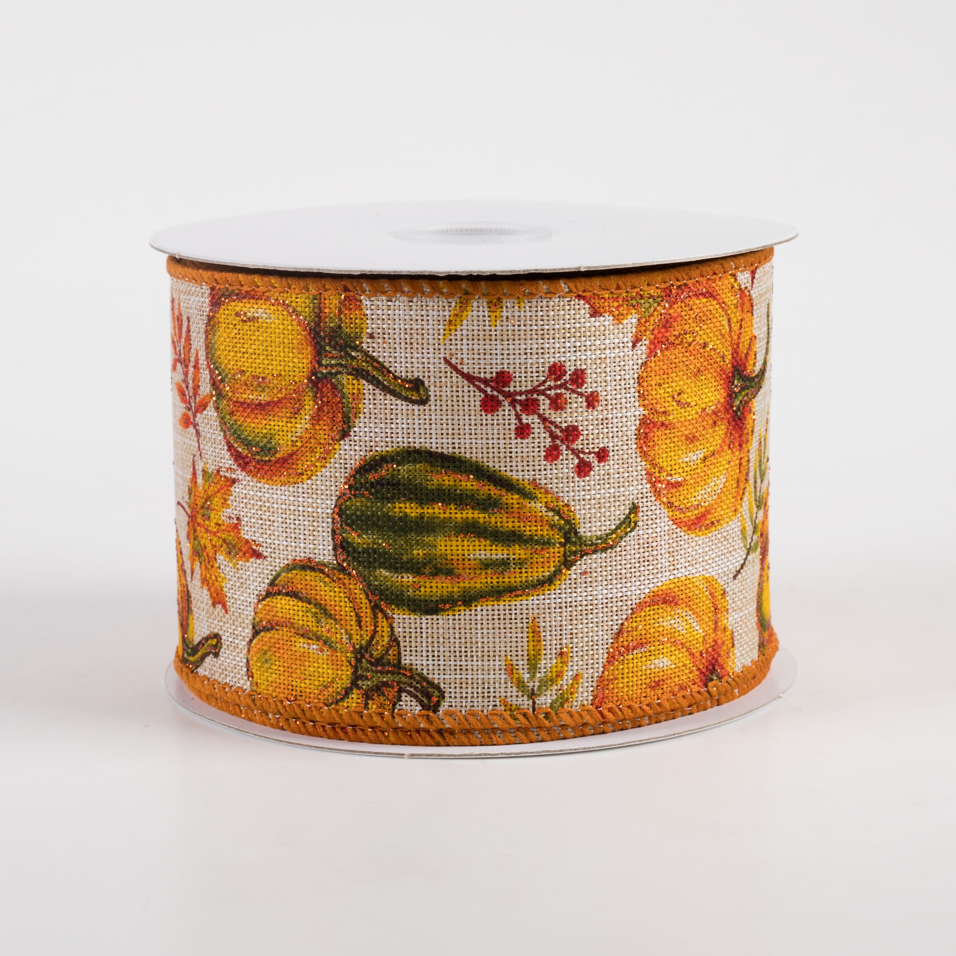 2.5" Linen Fall Leaves & Pumpkins Ribbon: Natural (10 Yards)