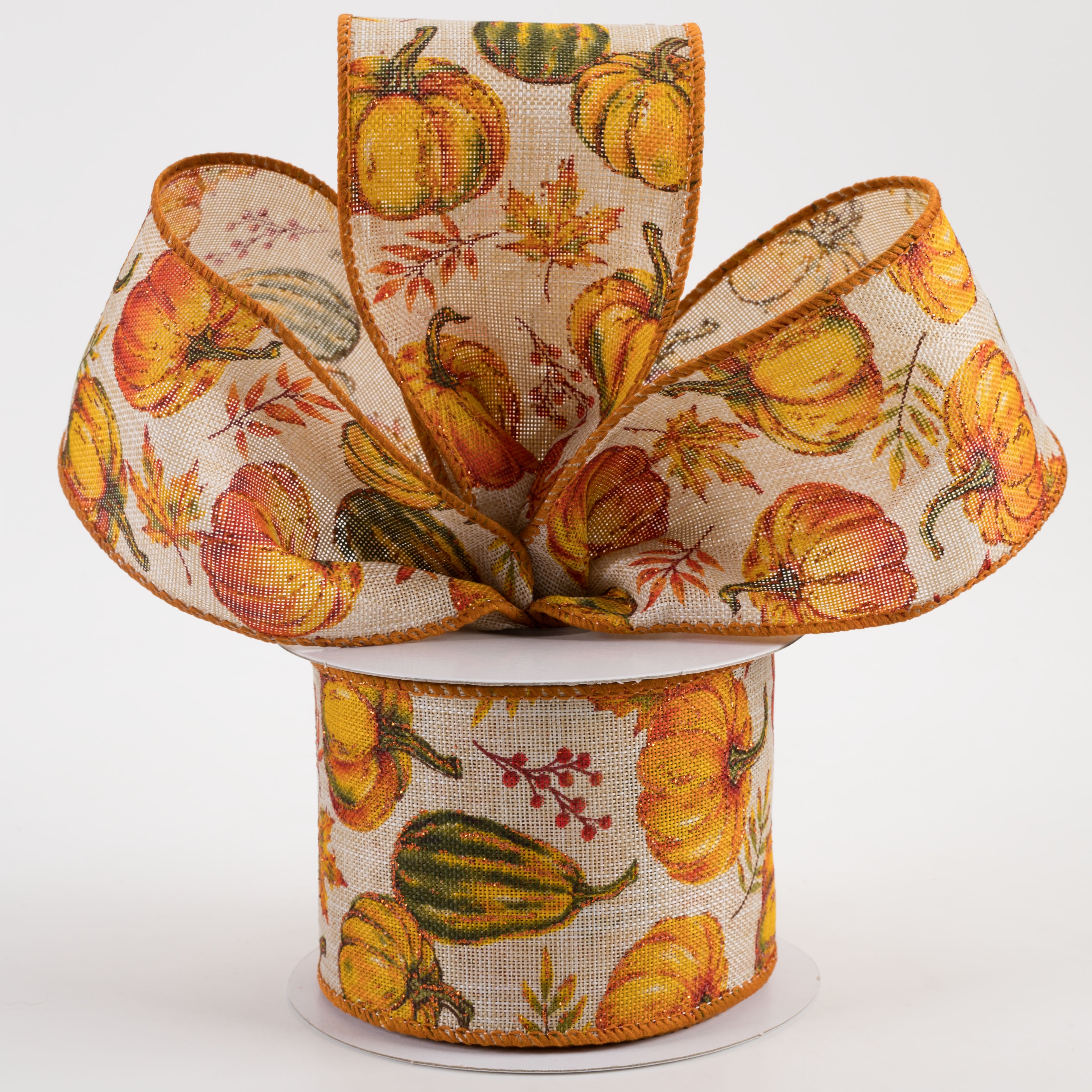 2.5" Linen Fall Leaves & Pumpkins Ribbon: Natural (10 Yards) Lifestyle Photo