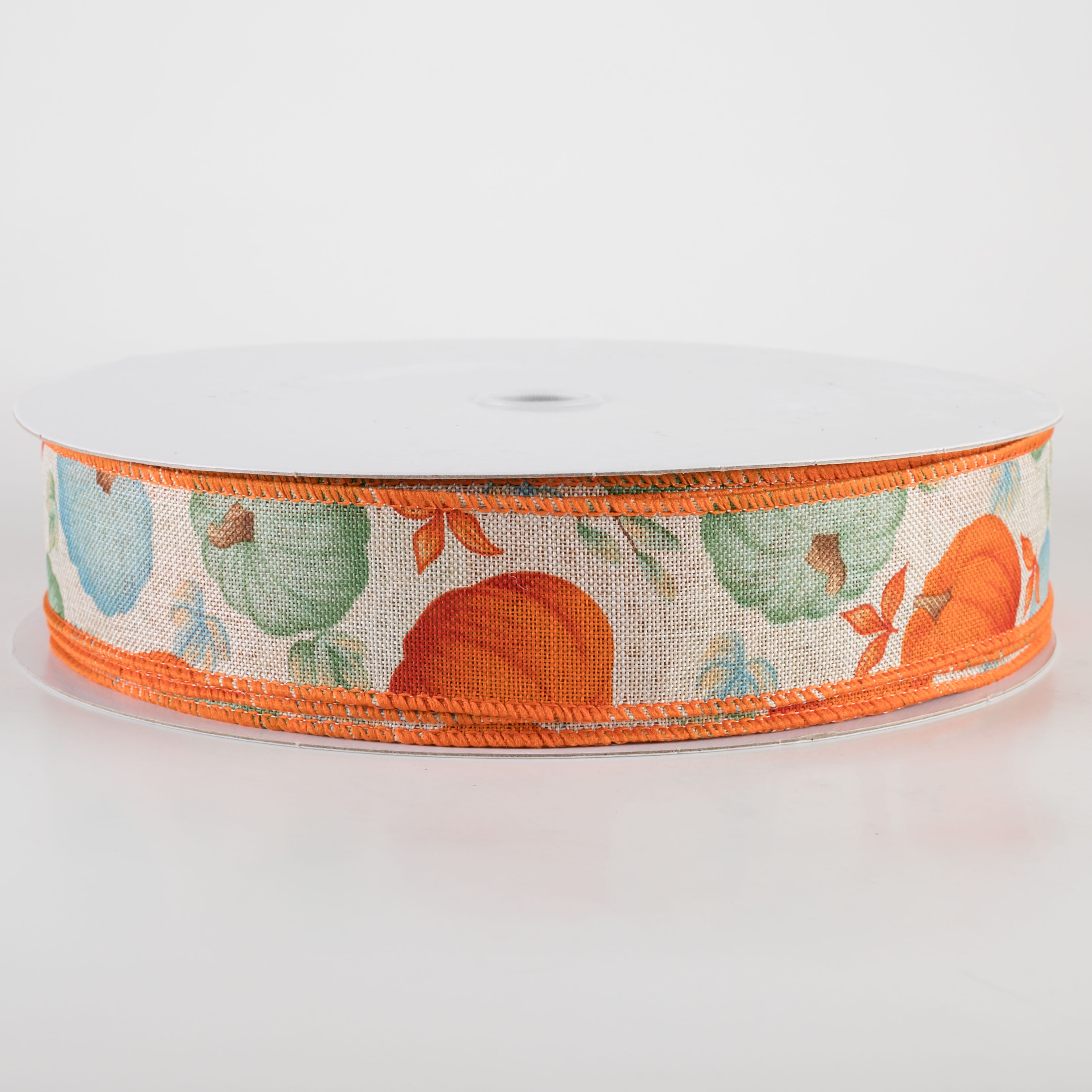 1.5" Linen Fall Pumpkins Ribbon: Orange & Teal on Natural (50 Yards) Item Number: 861-09-402