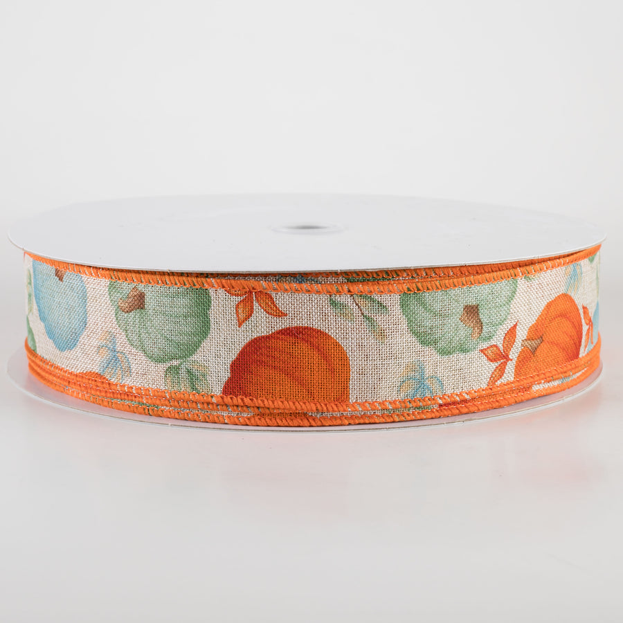 1.5" Linen Fall Pumpkins Ribbon: Orange & Teal on Natural (50 Yards) Item Number: 861-09-402
