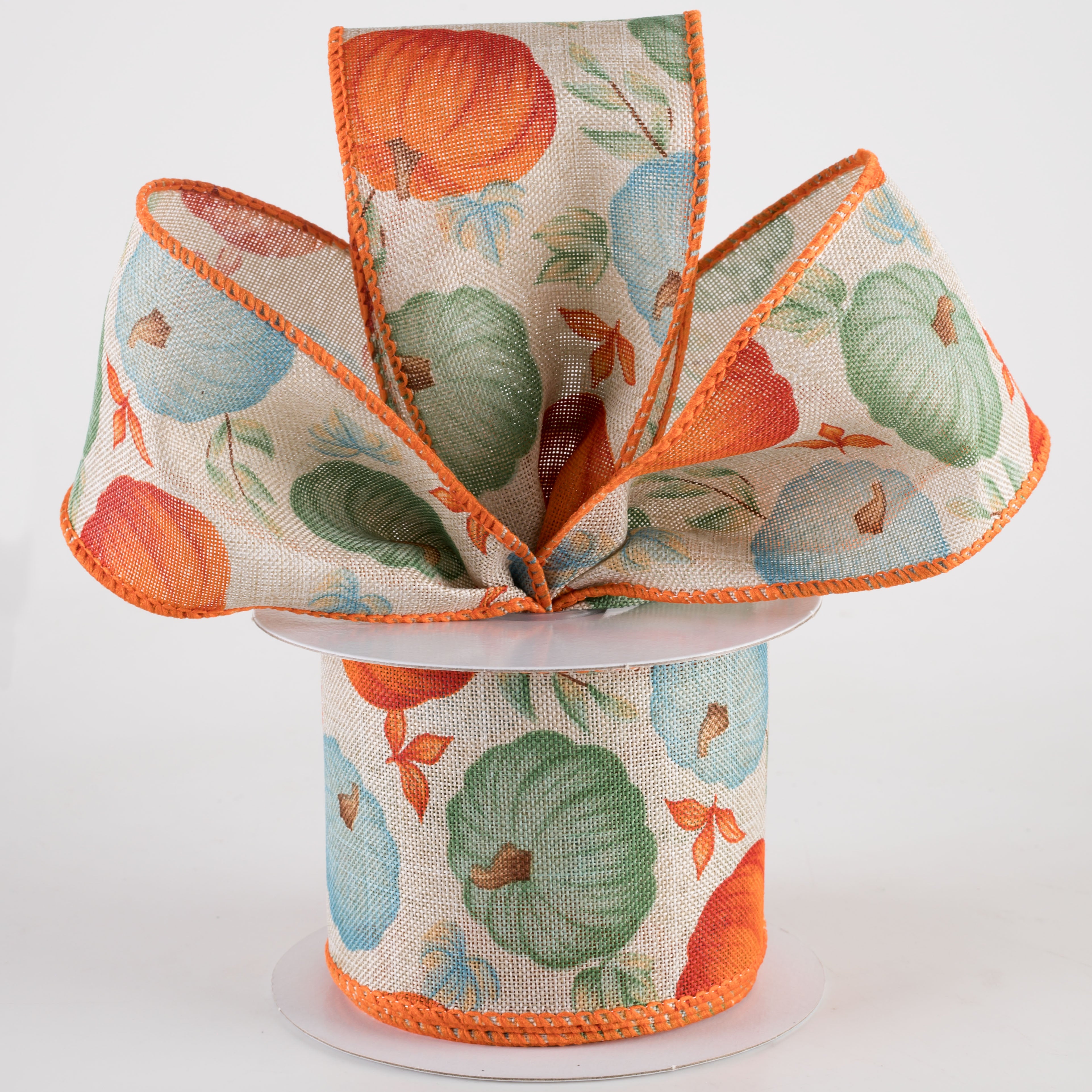 2.5" Linen Fall Pumpkins Ribbon: Orange & Teal on Natural (10 Yards) Lifestyle Photo