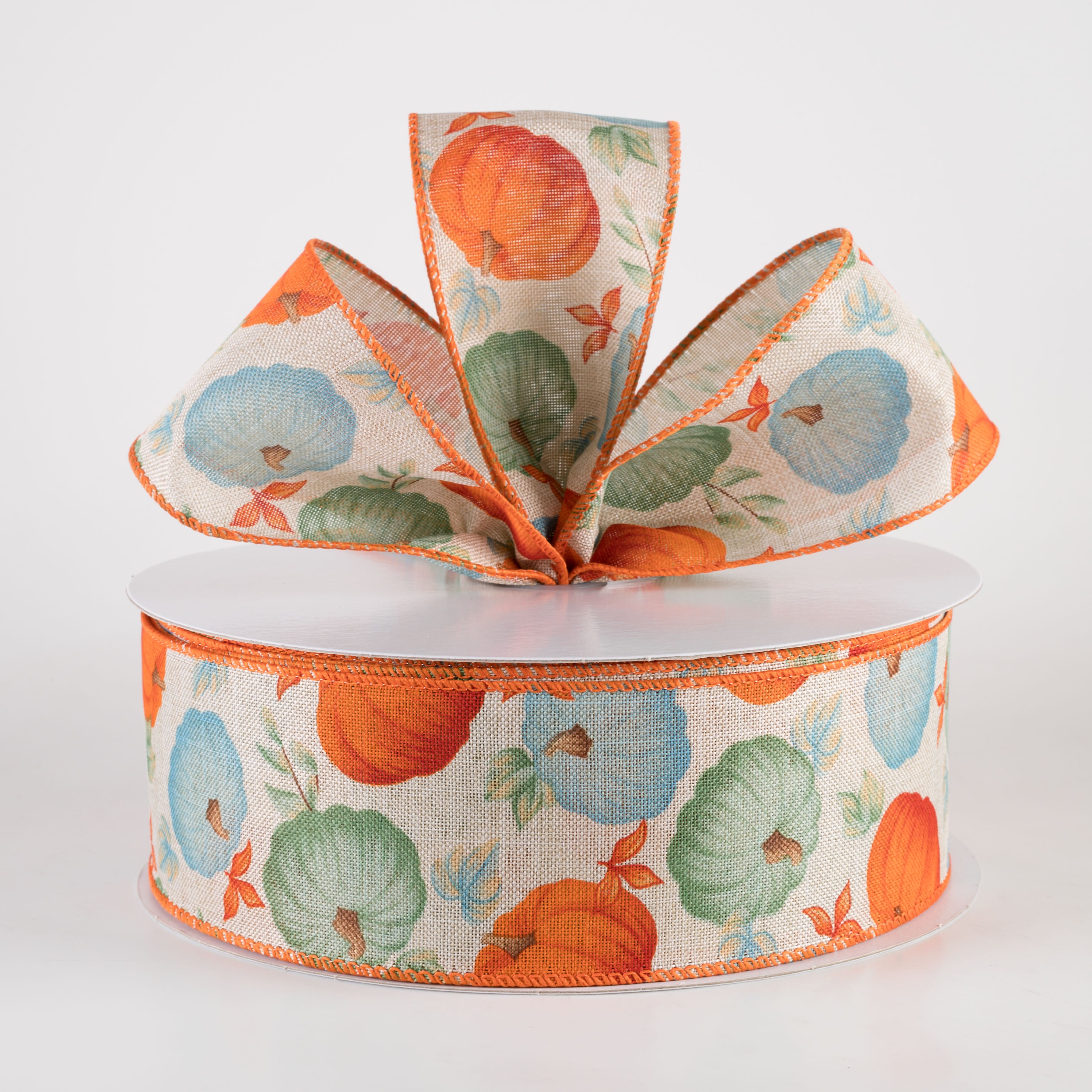 2.5" Linen Fall Pumpkins Ribbon: Orange & Teal on Natural (50 Yards) Lifestyle Photo