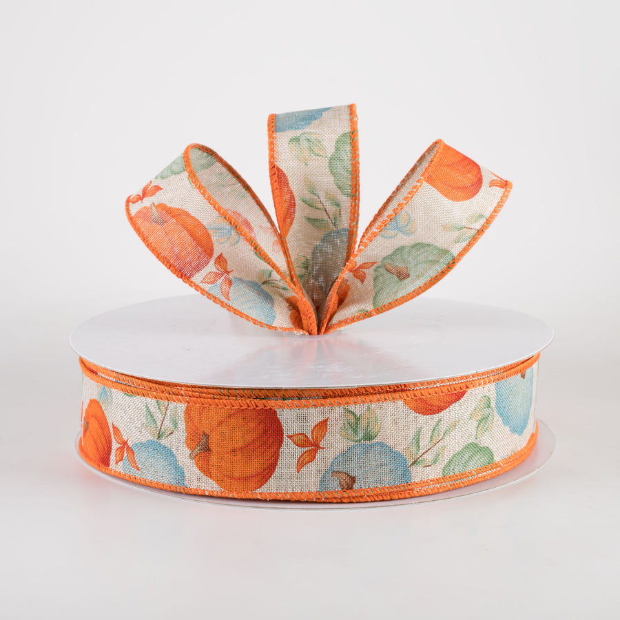 1.5" Linen Fall Pumpkins Ribbon: Orange & Teal on Natural (50 Yards) Lifestyle Photo